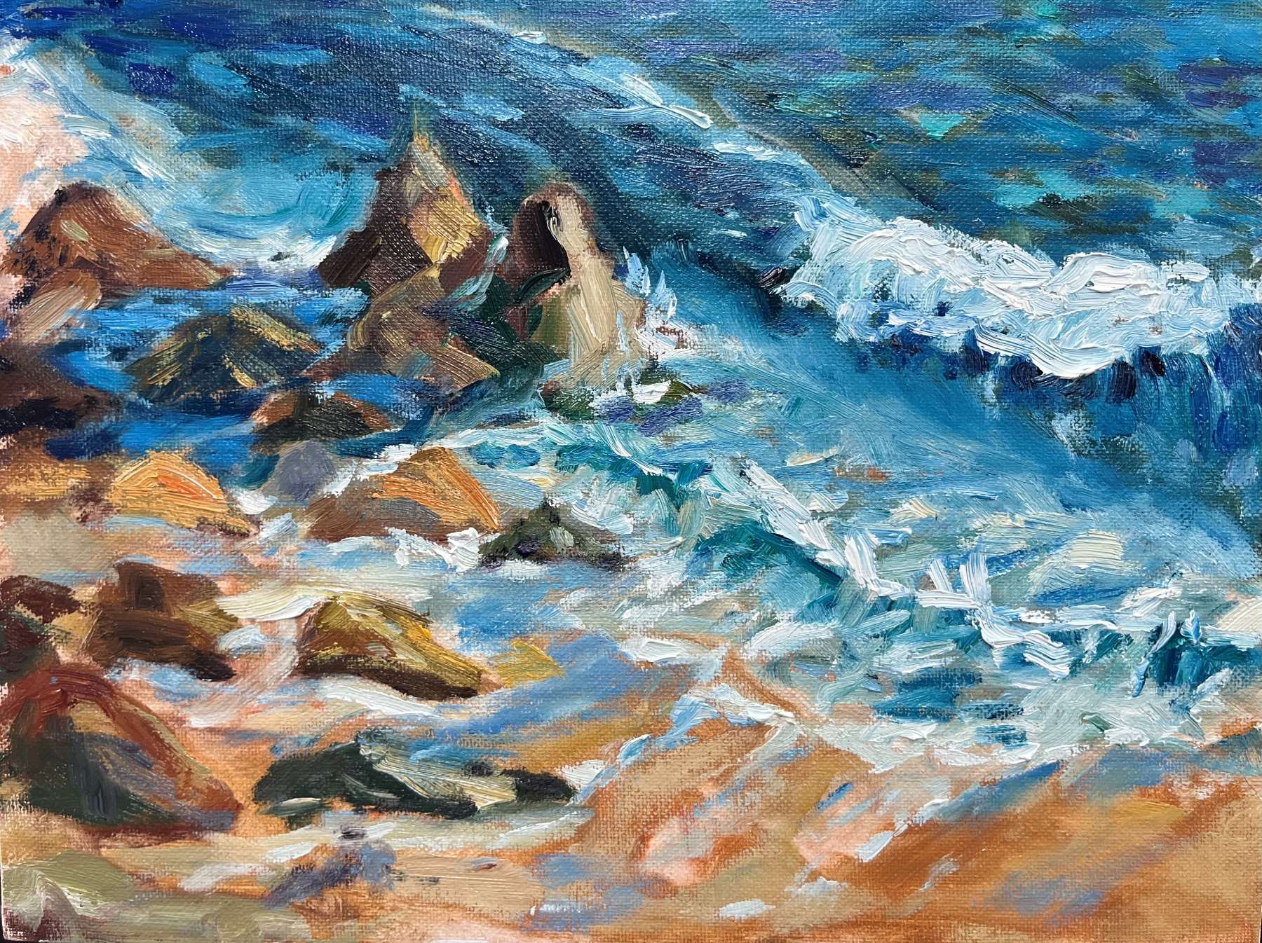"Swell Waves original oil painting detail, Abalone Cove California, by Sally Herriott"