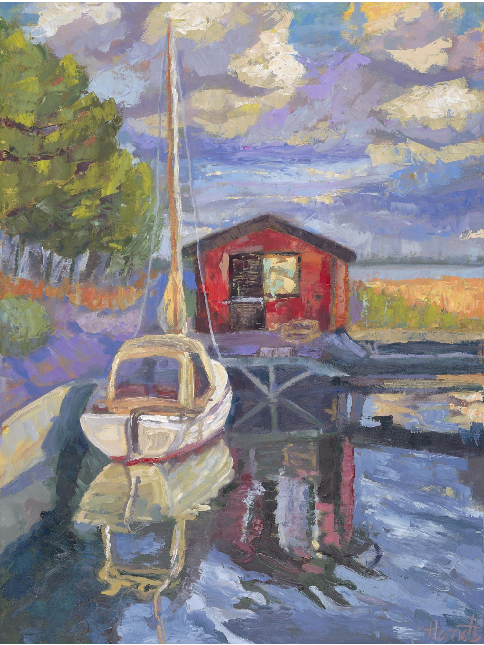 Purple Skies over Sailboat - original oil painting, Saltsjöbaden, Sweden