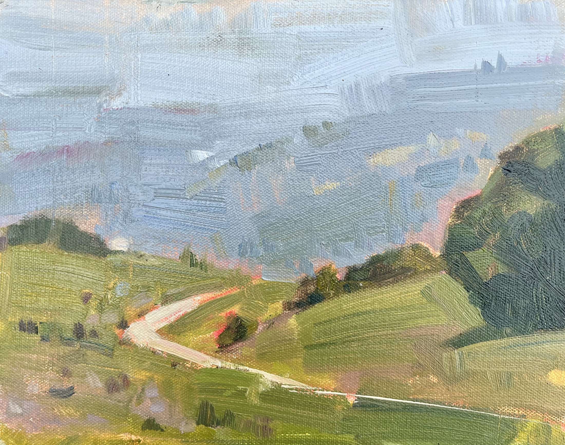 "Fog and Sun in Ojai original oil painting detail, Ojai Valley California, by Sally Herriott"