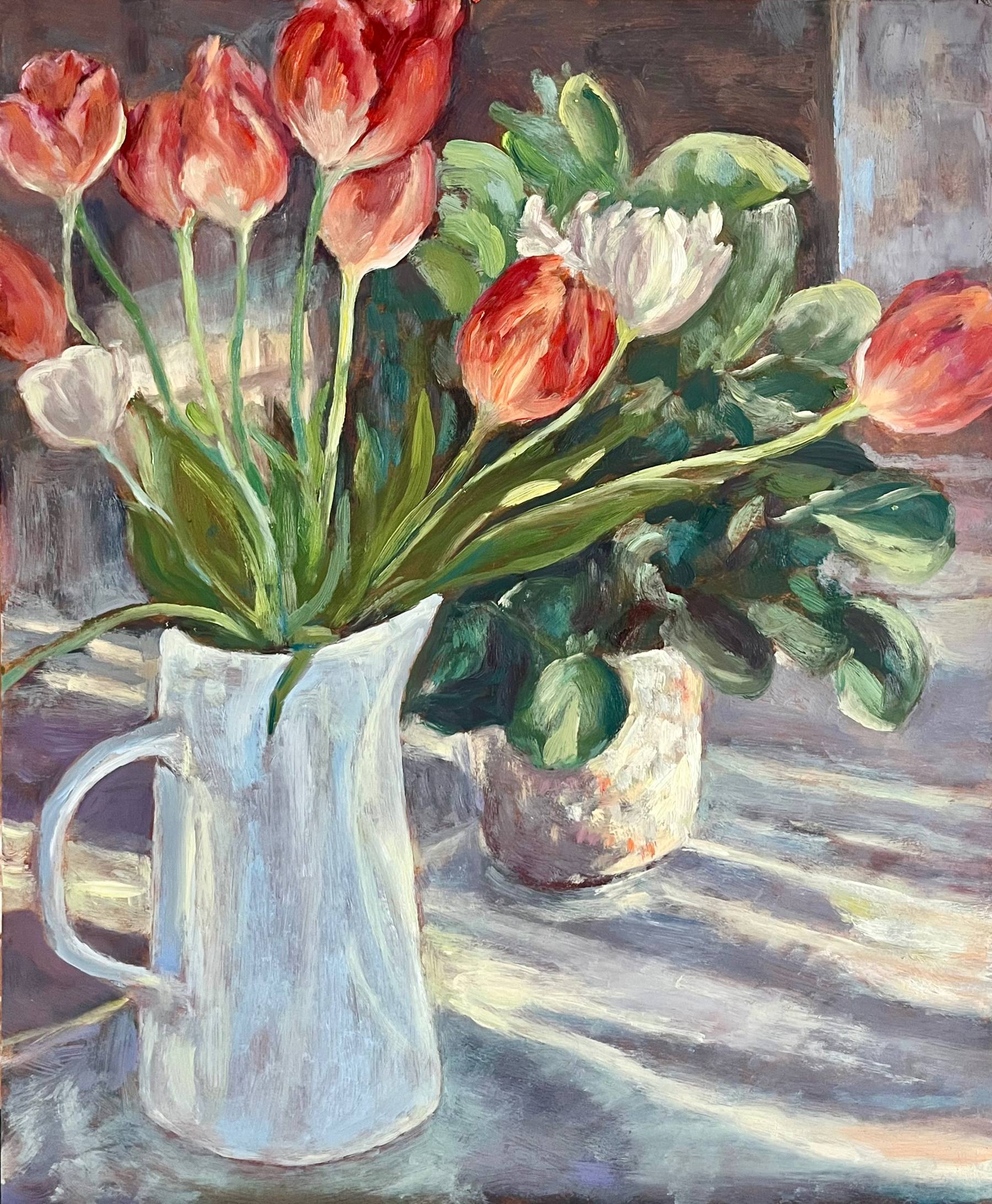 "Sunlit Tulips original still life oil painting detail, Sweden, by Sally Herriott"