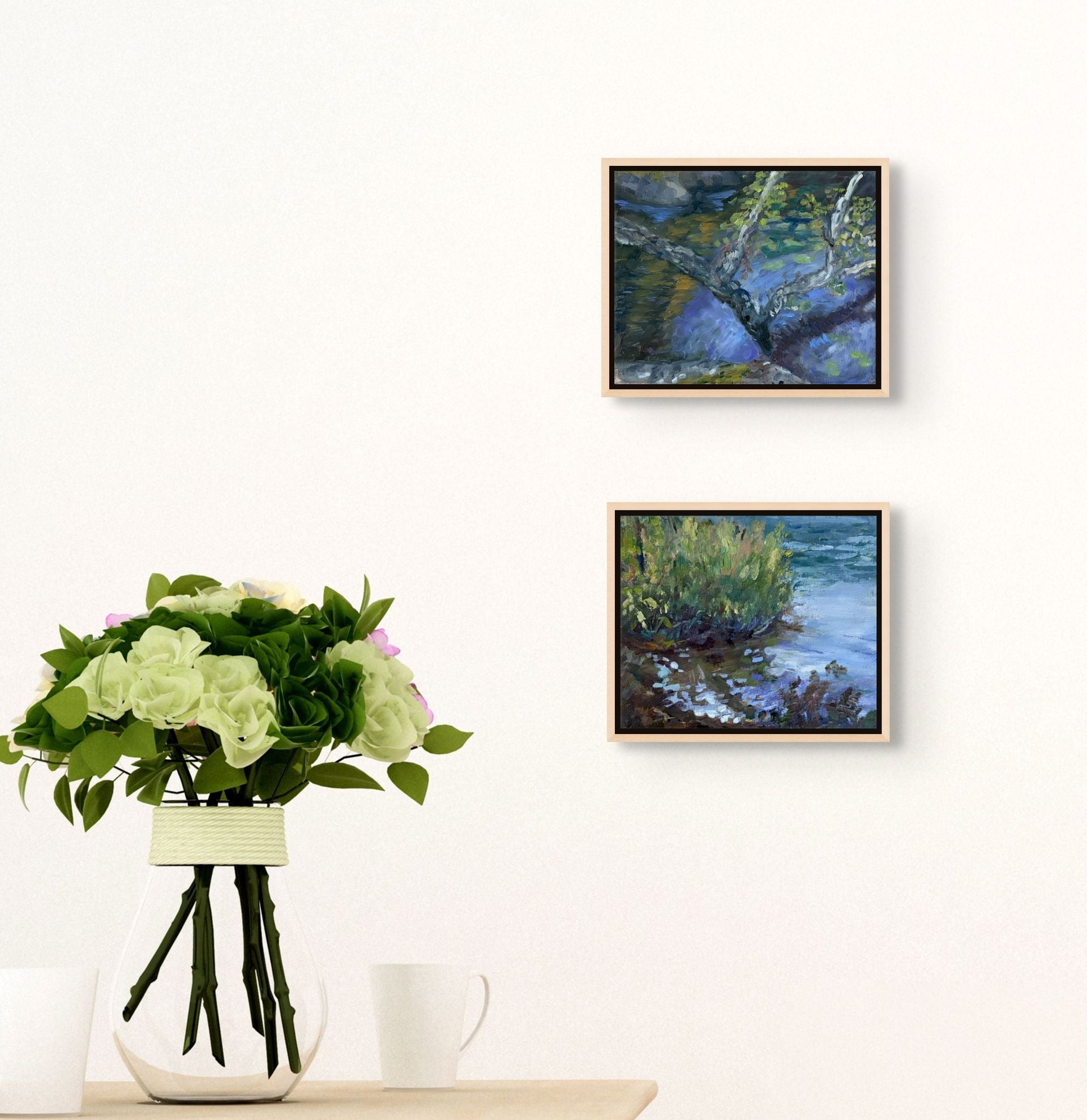 "Blaze of Glory and Whispering Waters original oil painting displayed with flowers, Saltsjöbaden Sweden, by Sally Herriott"