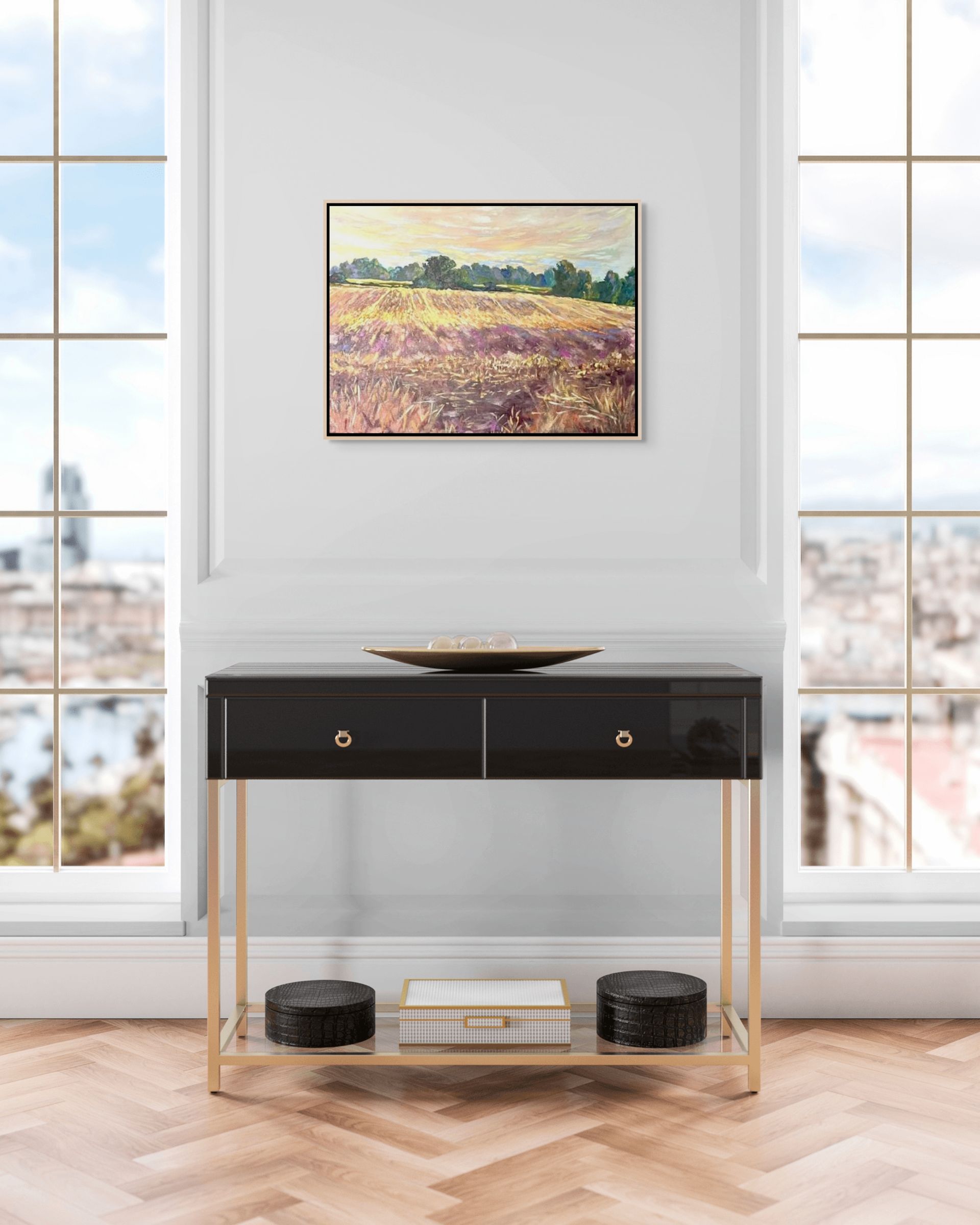 "After the Harvest original oil painting on a console with an apartment view, by Sally Herriott"