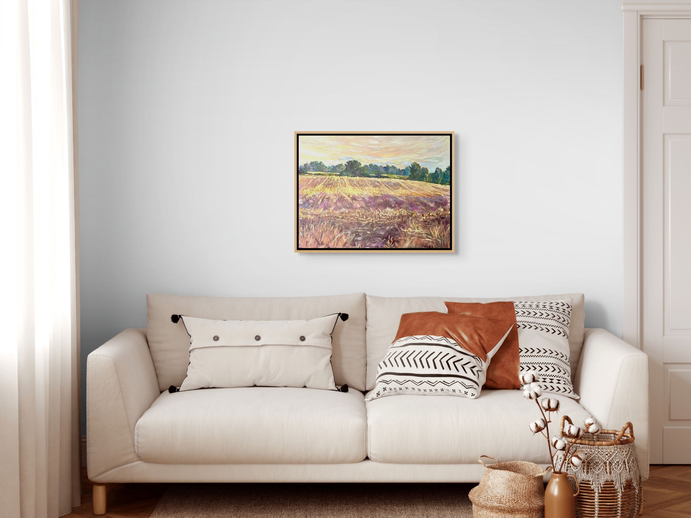 "After the Harvest original oil painting in a cosy lounge, by Sally Herriott"