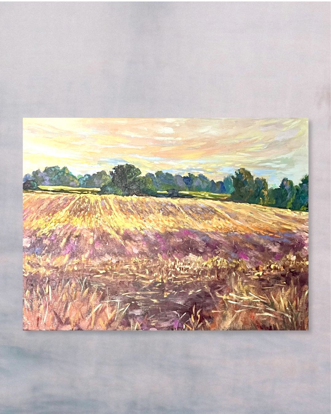 "After the Harvest original oil painting, golden harvested fields, Puy Vidal France, by Sally Herriott"