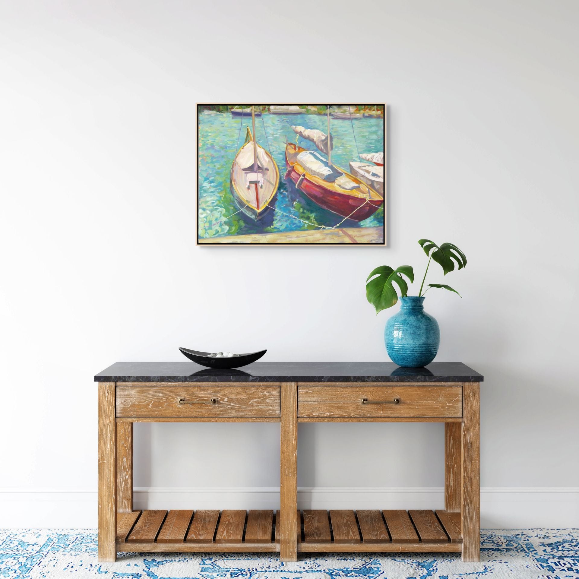 "Aqua Ripples original oil painting above a console table, by Sally Herriott"