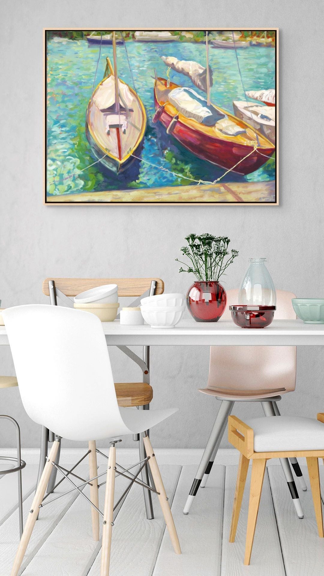 Aqua Ripples original oil painting in a modern dining room, by Sally Herriott"