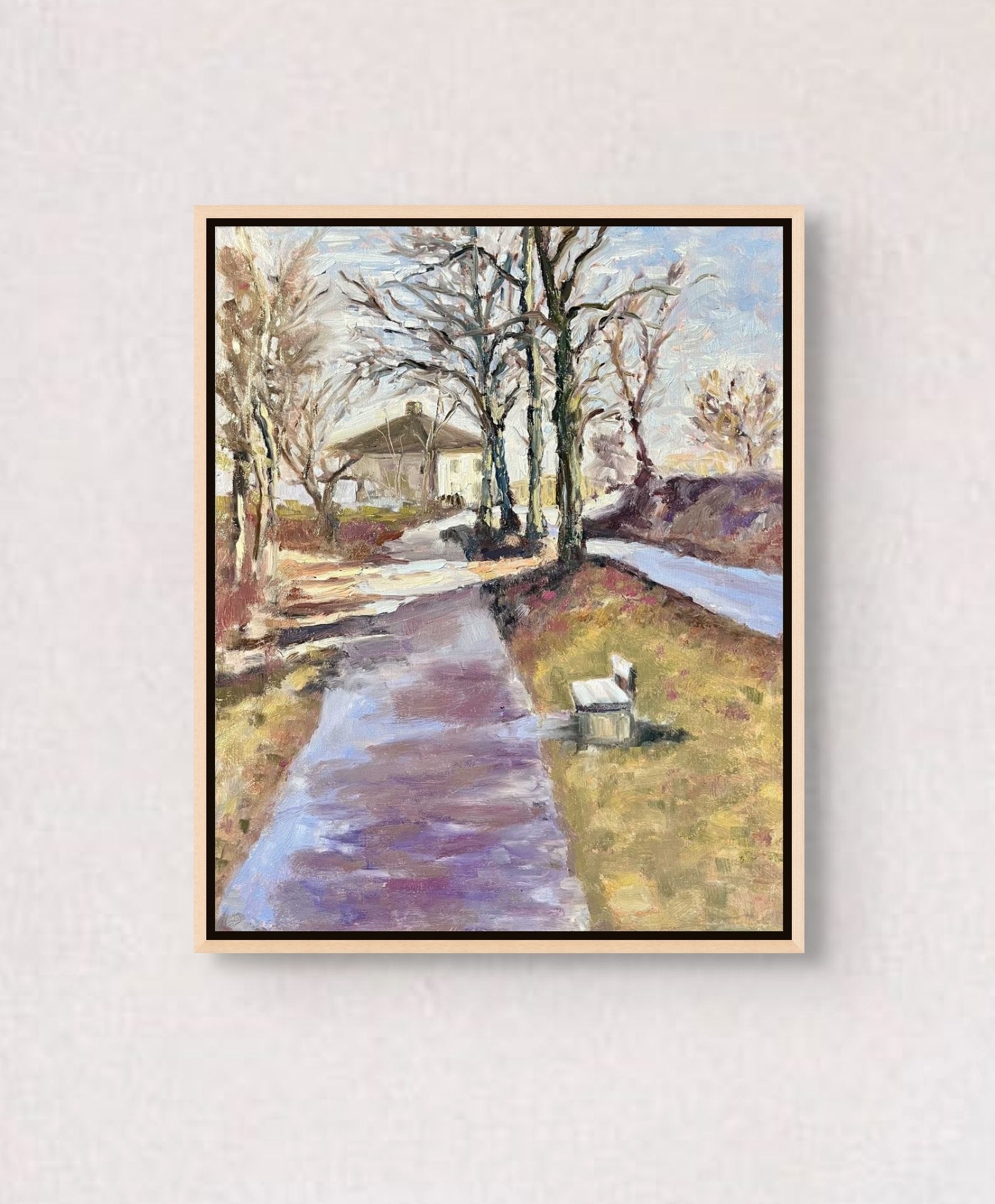 "Converging Paths original oil painting on a pink wall, by Sally Herriott"