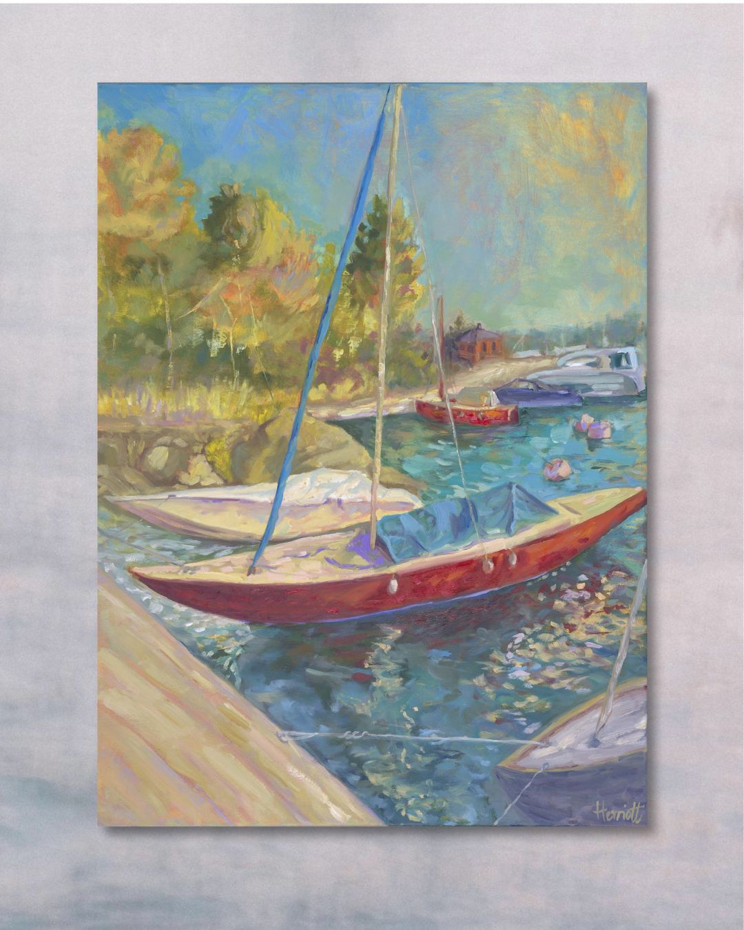 "Dreamboat original oil painting, sailboat on calm water, Saltsjöbaden Sweden, by Sally Herriott"