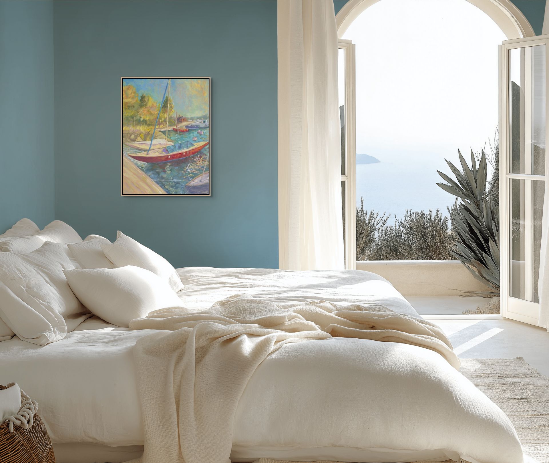 "Dreamboat original oil painting in a blue bedroom, by Sally Herriott"