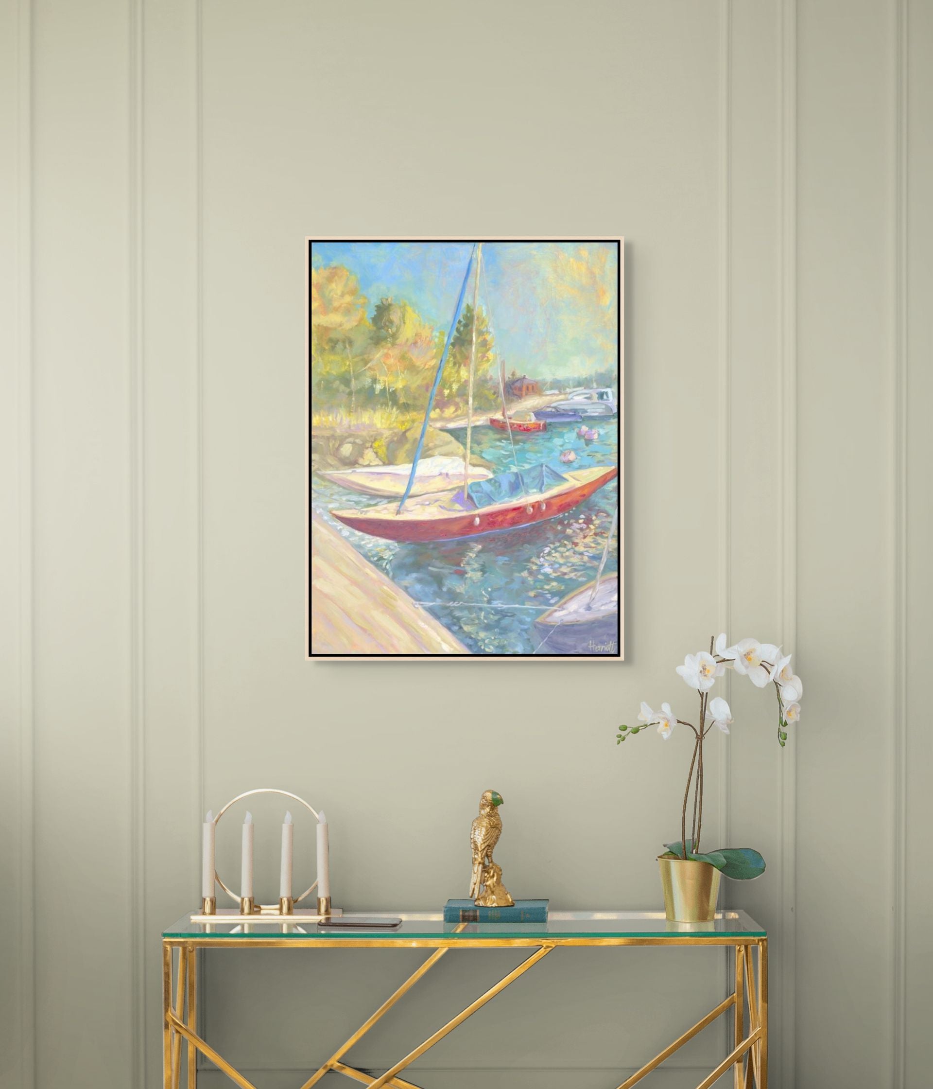 "Dreamboat original oil painting above a gold console, by Sally Herriott"