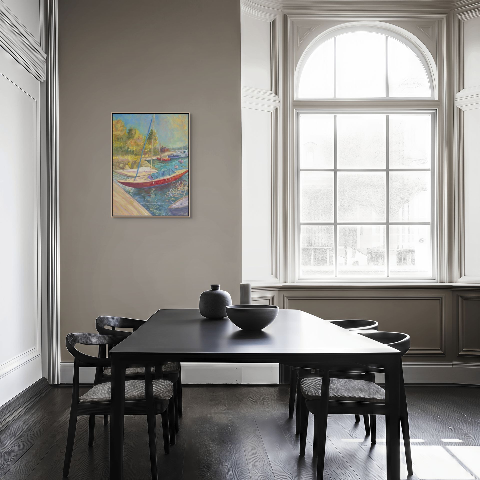 "Dreamboat original oil painting in a moody dining room, by Sally Herriott"