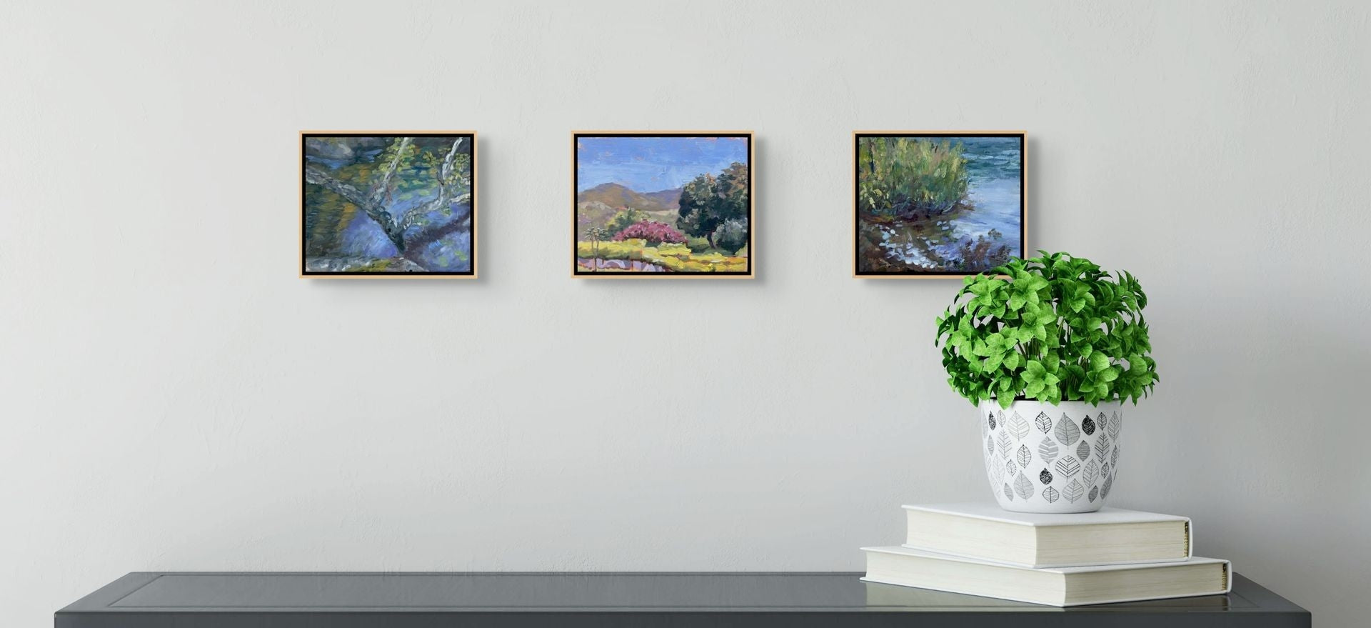 "Fog and Sun in Ojai, Pink Glory and Blaze of Glory small original oil paintings on a shelf, by Sally Herriott"