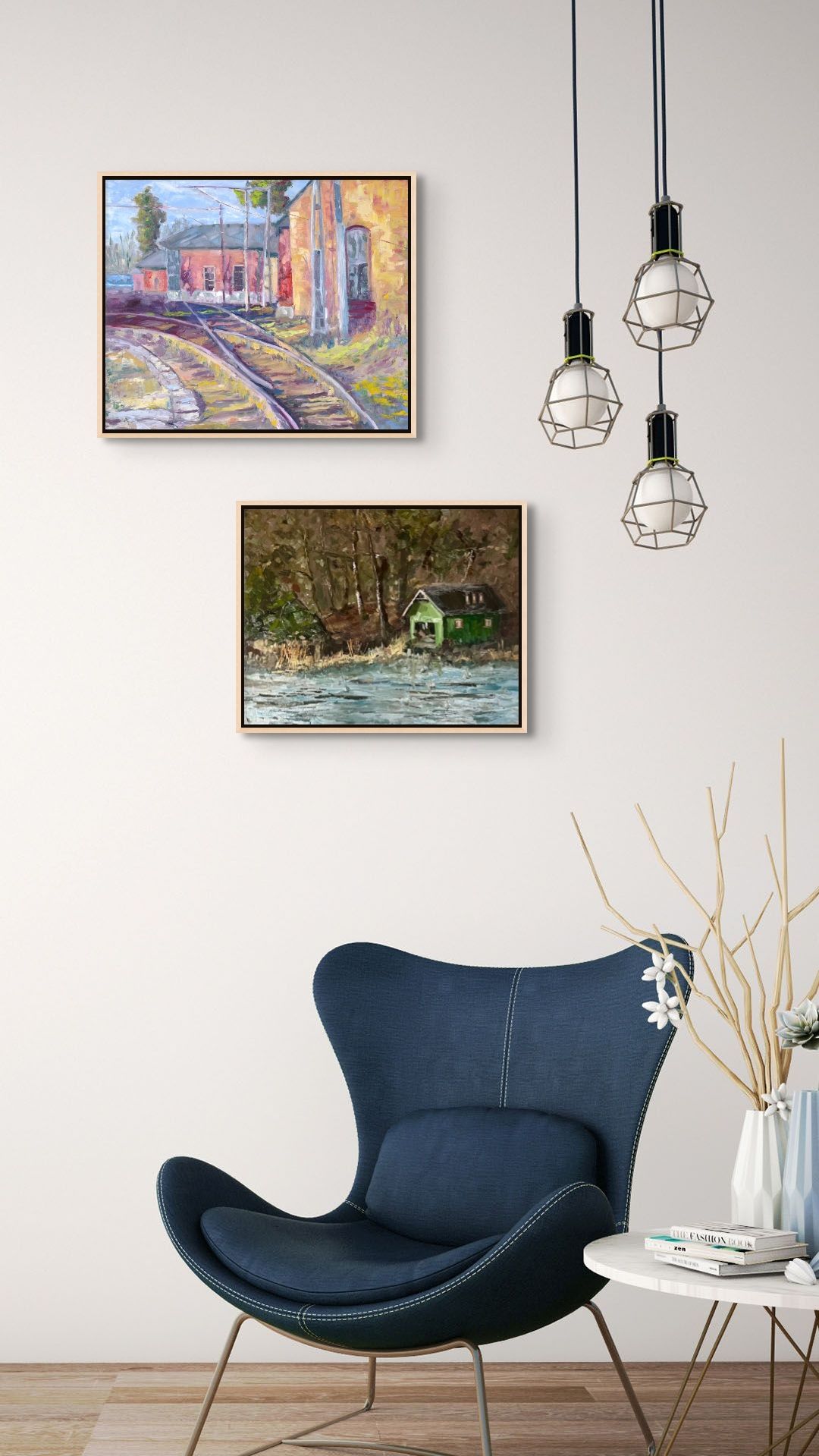 "Green Boat Shed and Technicolor Tracks original oil paintings displayed above a chair, by Sally Herriott"