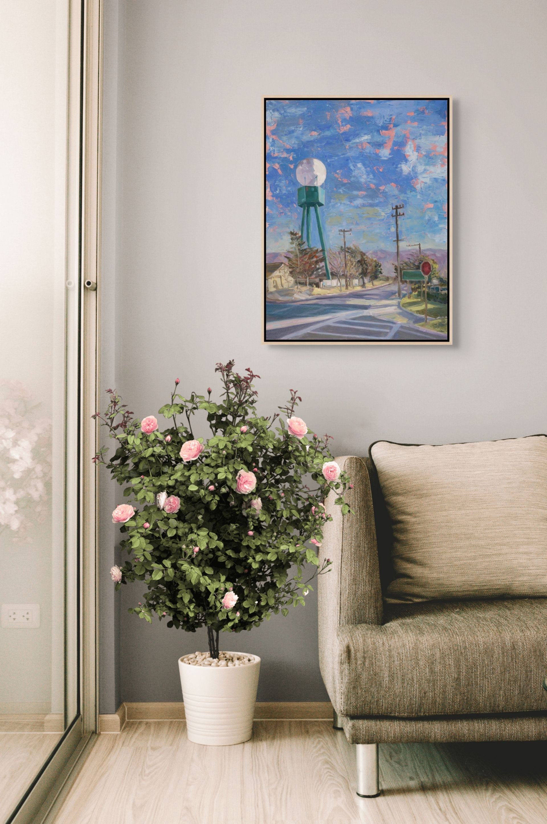 High Water original oil painting displayed with a pink indoor rose, by Sally Herriott"