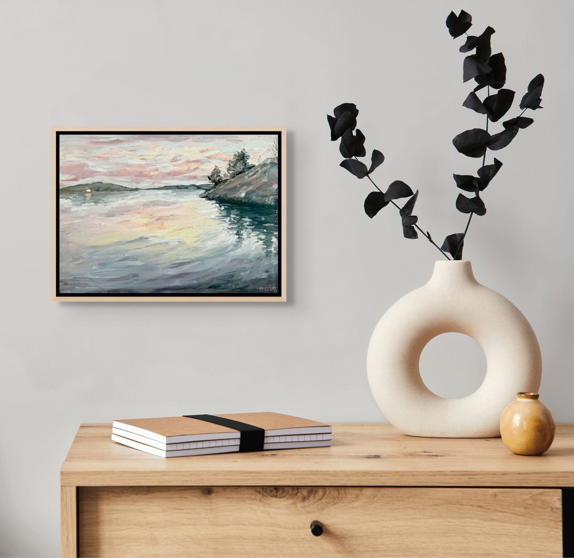 "Icecream Skies original oil painting displayed with black leaf decoration, by Sally Herriott"