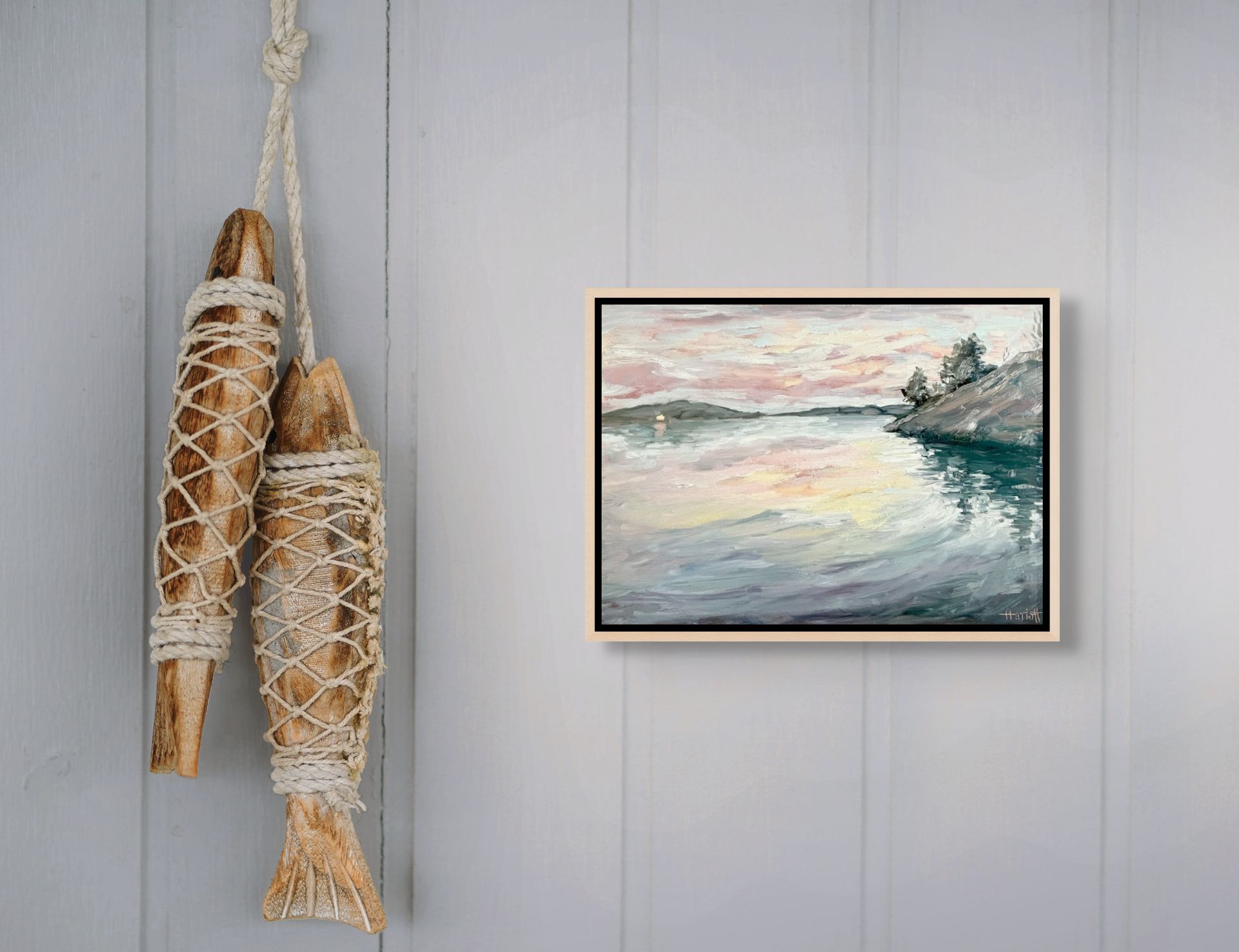 "Icecream Skies original oil painting displayed with fish decorations, by Sally Herriott"