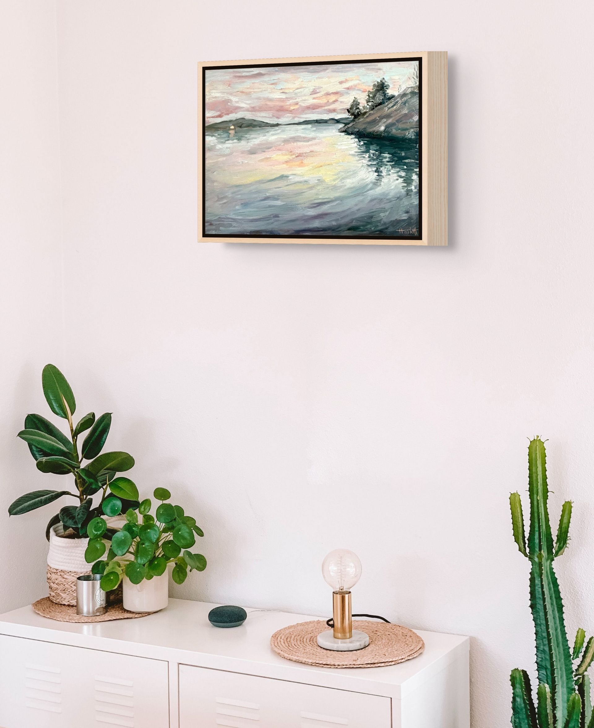 Icecream Skies original oil painting on a pink wall with cacti, by Sally Herriott"