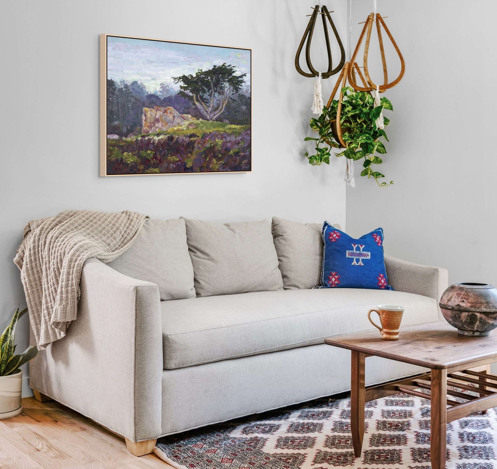 "Marine Mist original oil painting in a comfy lounge, by Sally Herriott"