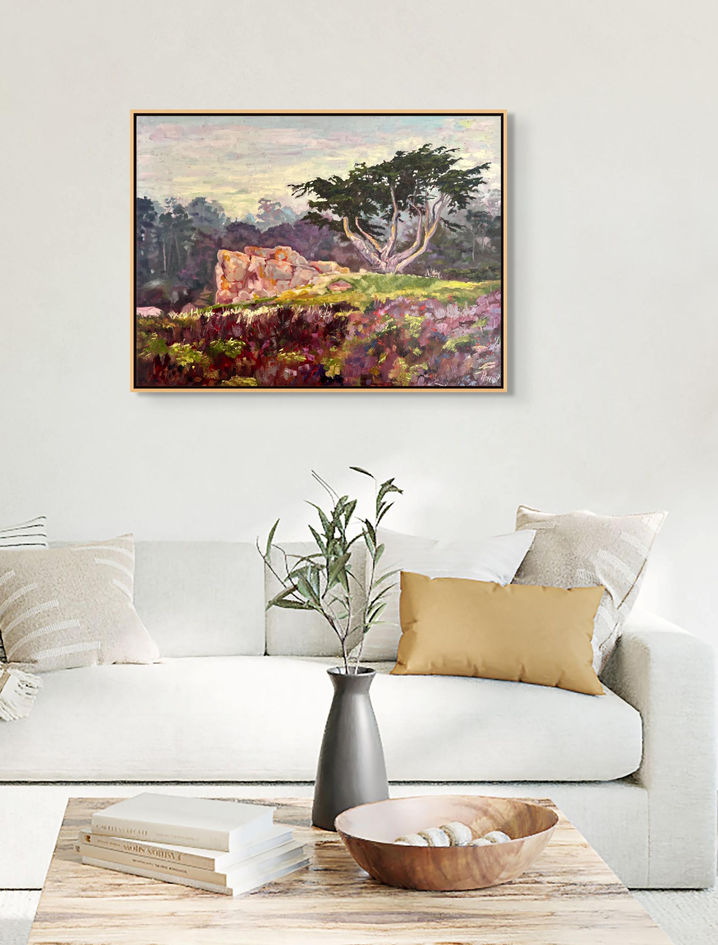 country-style setting: "Marine Mist original oil painting in a country style interior, by Sally Herriott"