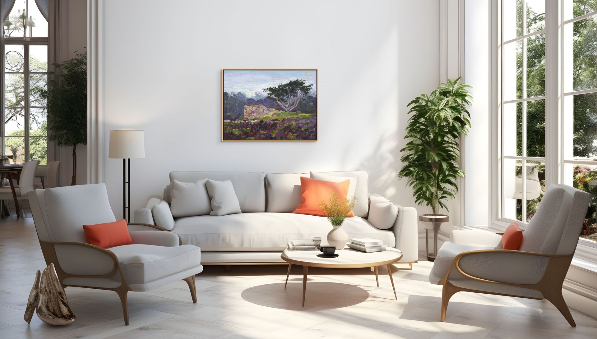 "Marine Mist original oil painting in a lounge, by Sally Herriott"