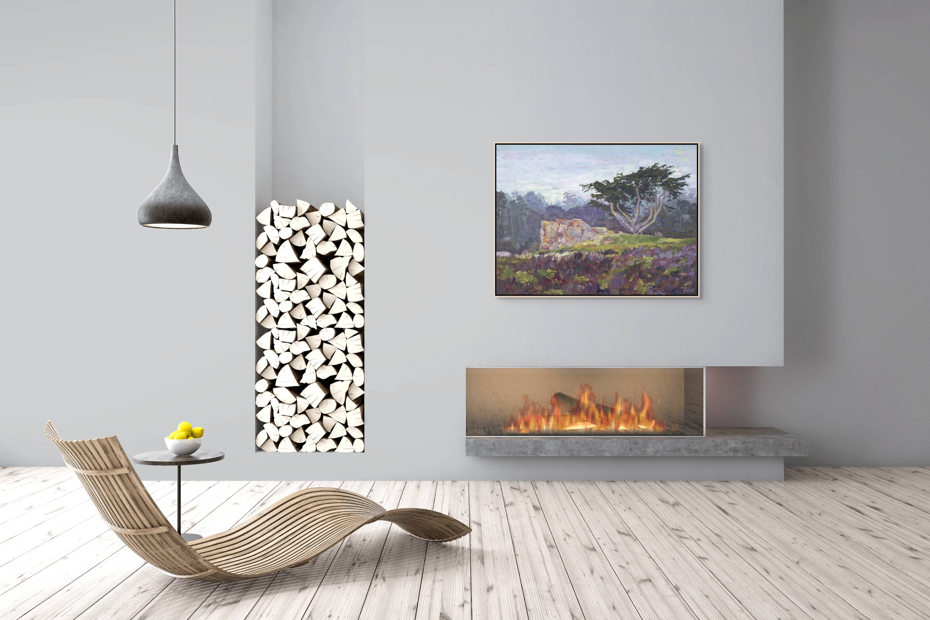 "Marine Mist original oil painting above a modern wood burner, by Sally Herriott"