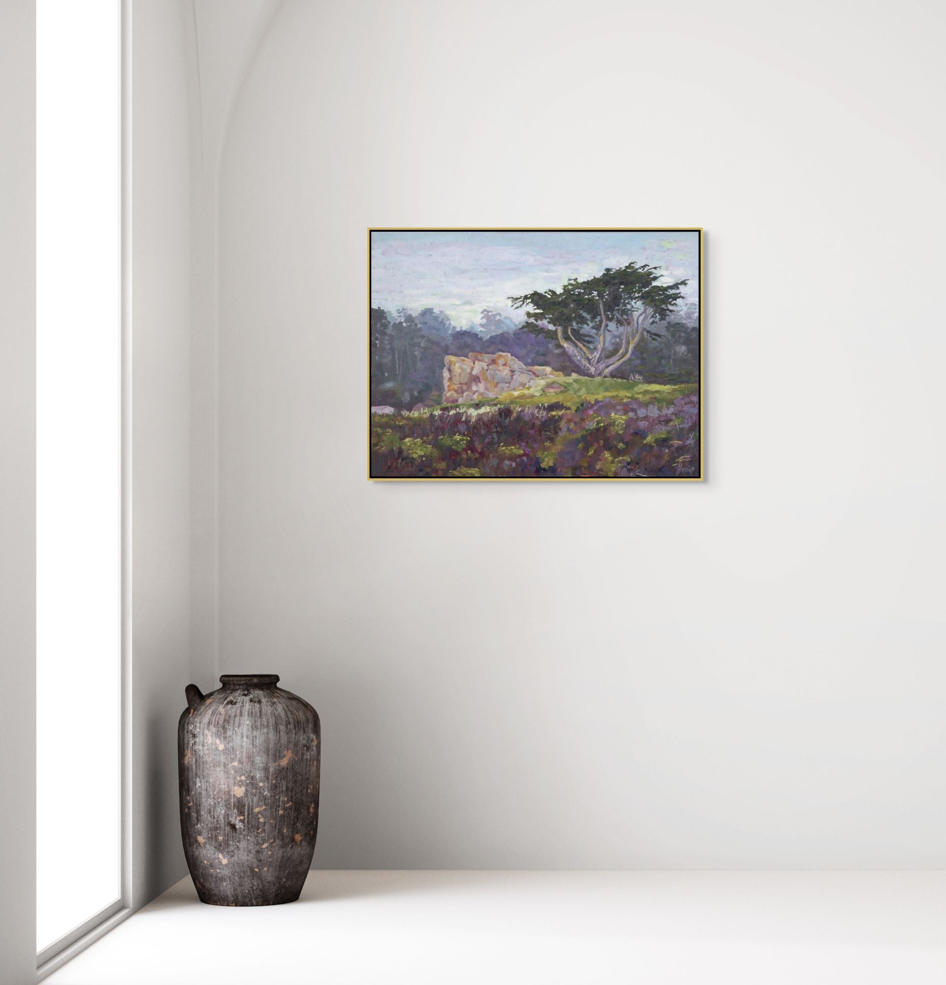"Marine Mist original oil painting displayed with a vase, by Sally Herriott"