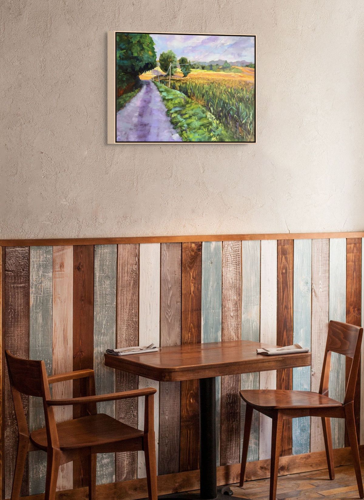 "Morning Meadows original oil painting in a café setting, by Sally Herriott"