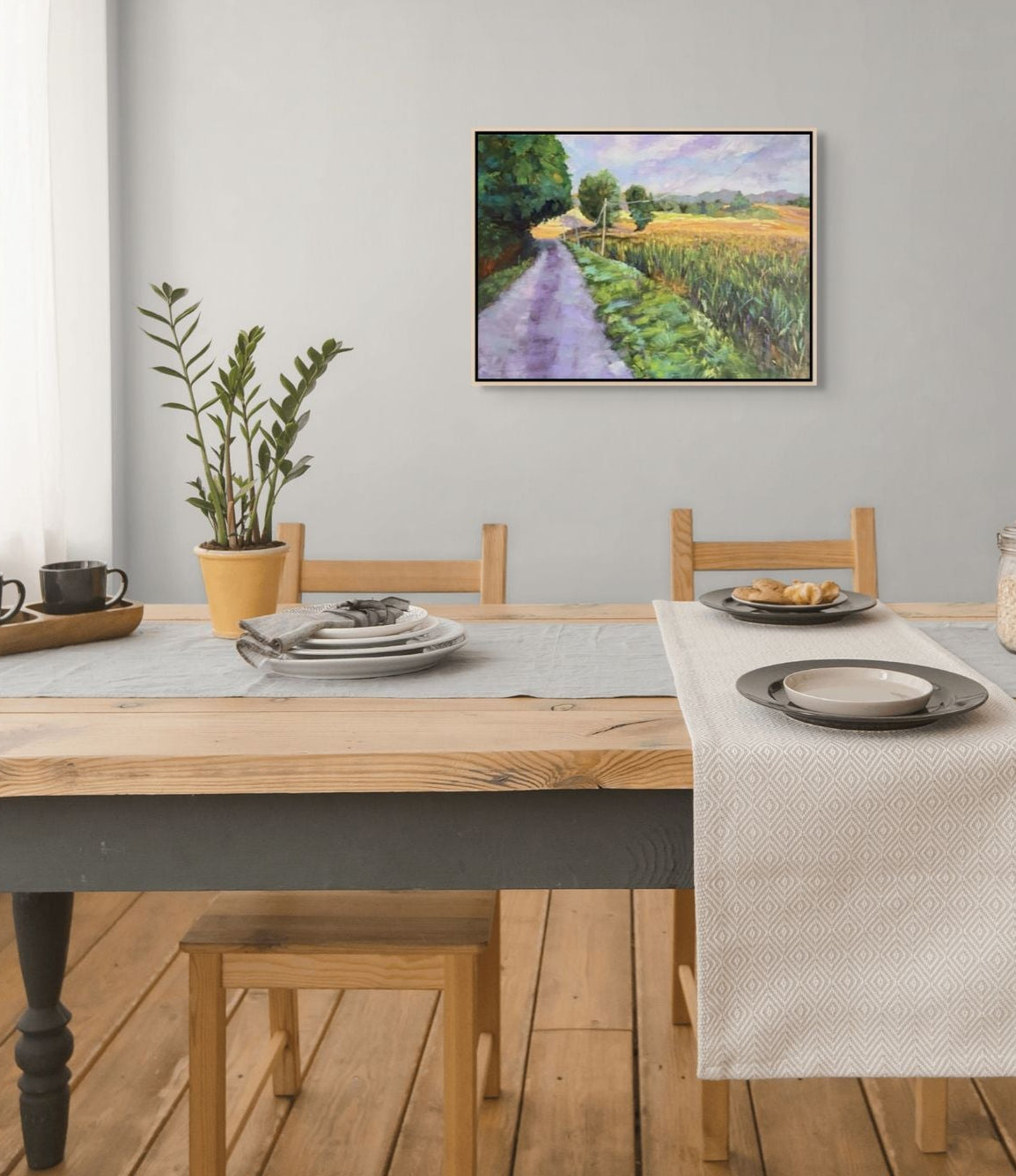 "Morning Meadows original oil painting in a rustic dining room, by Sally Herriott"