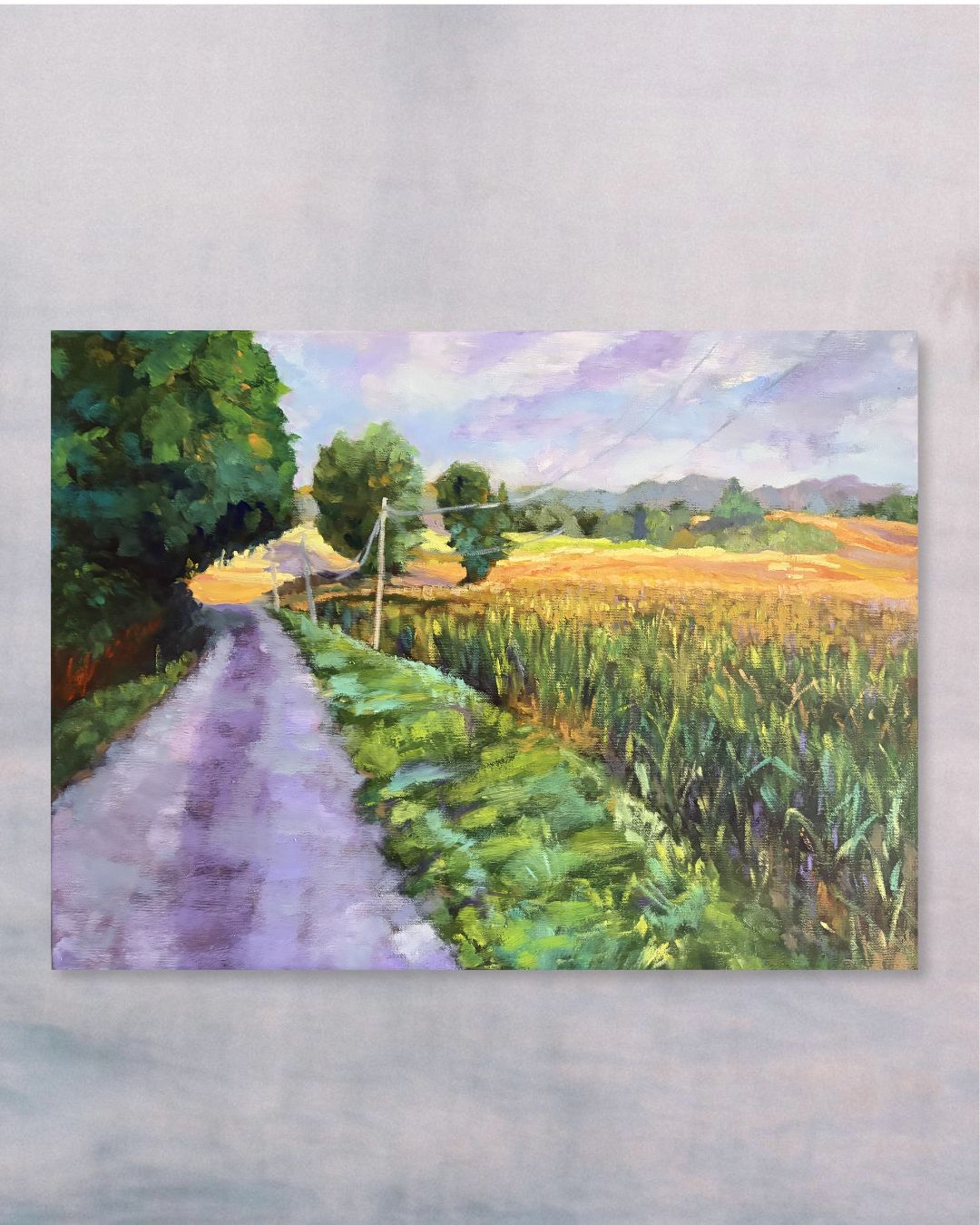 "Morning Meadows original oil painting, sunlit meadow landscape, Puy Vidal France, by Sally Herriott"