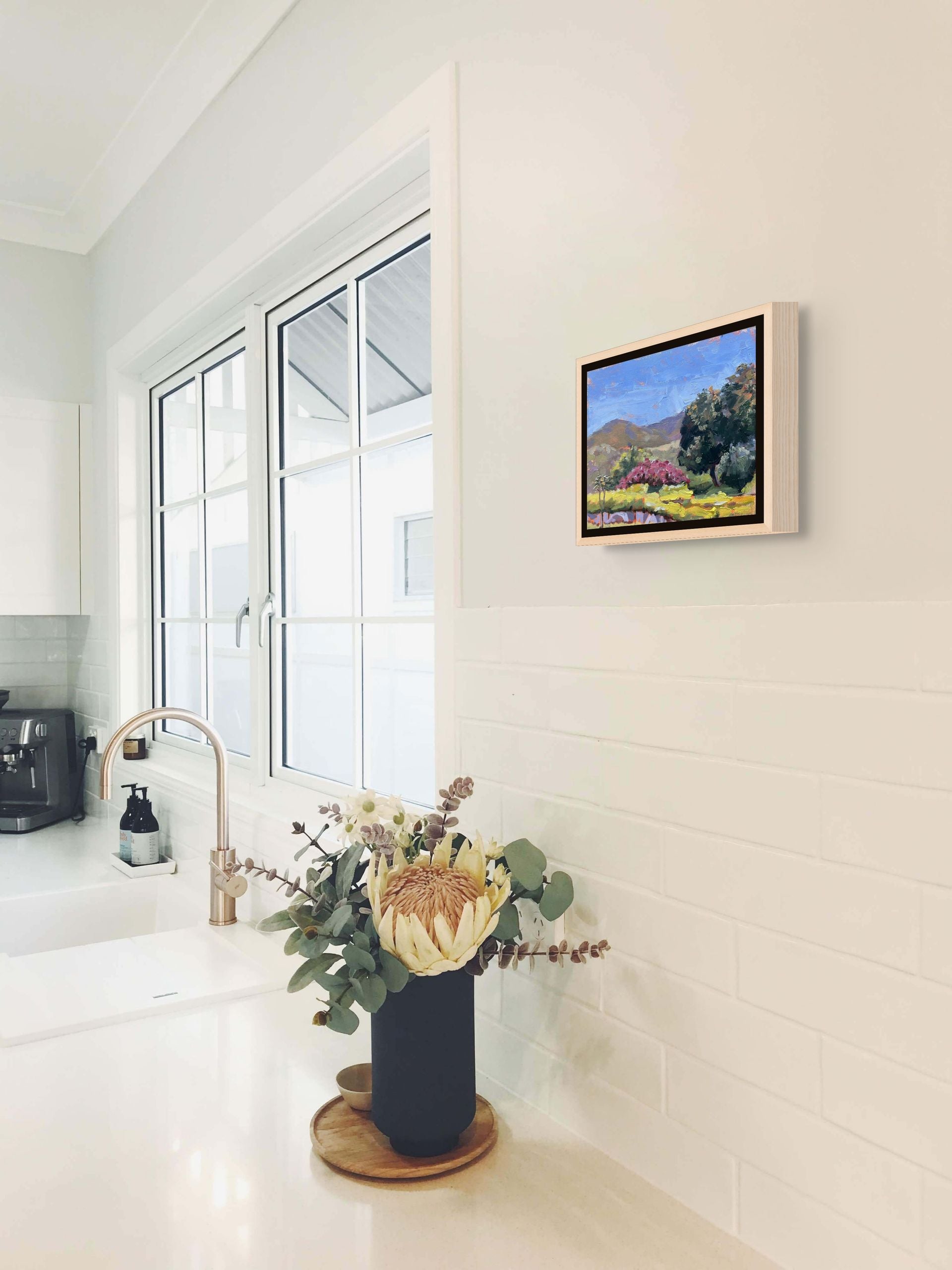 "Pink Glory original oil painting in a kitchen, by Sally Herriott"