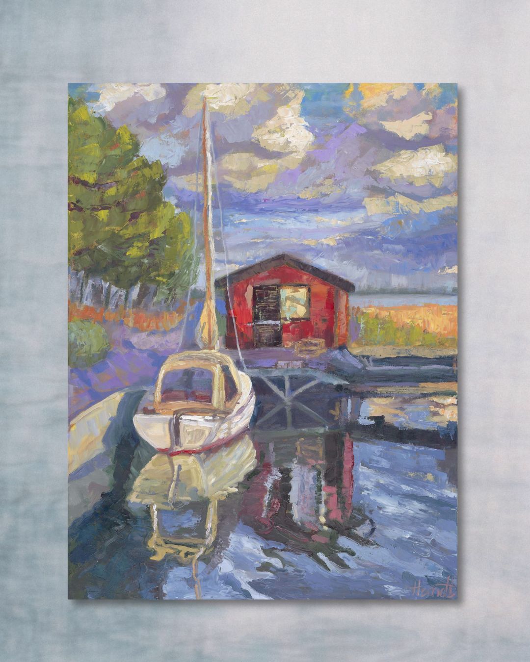 "Purple Skies over Sailboat original oil painting, sailboat under purple evening sky, Saltsjöbaden Sweden, by Sally Herriott"