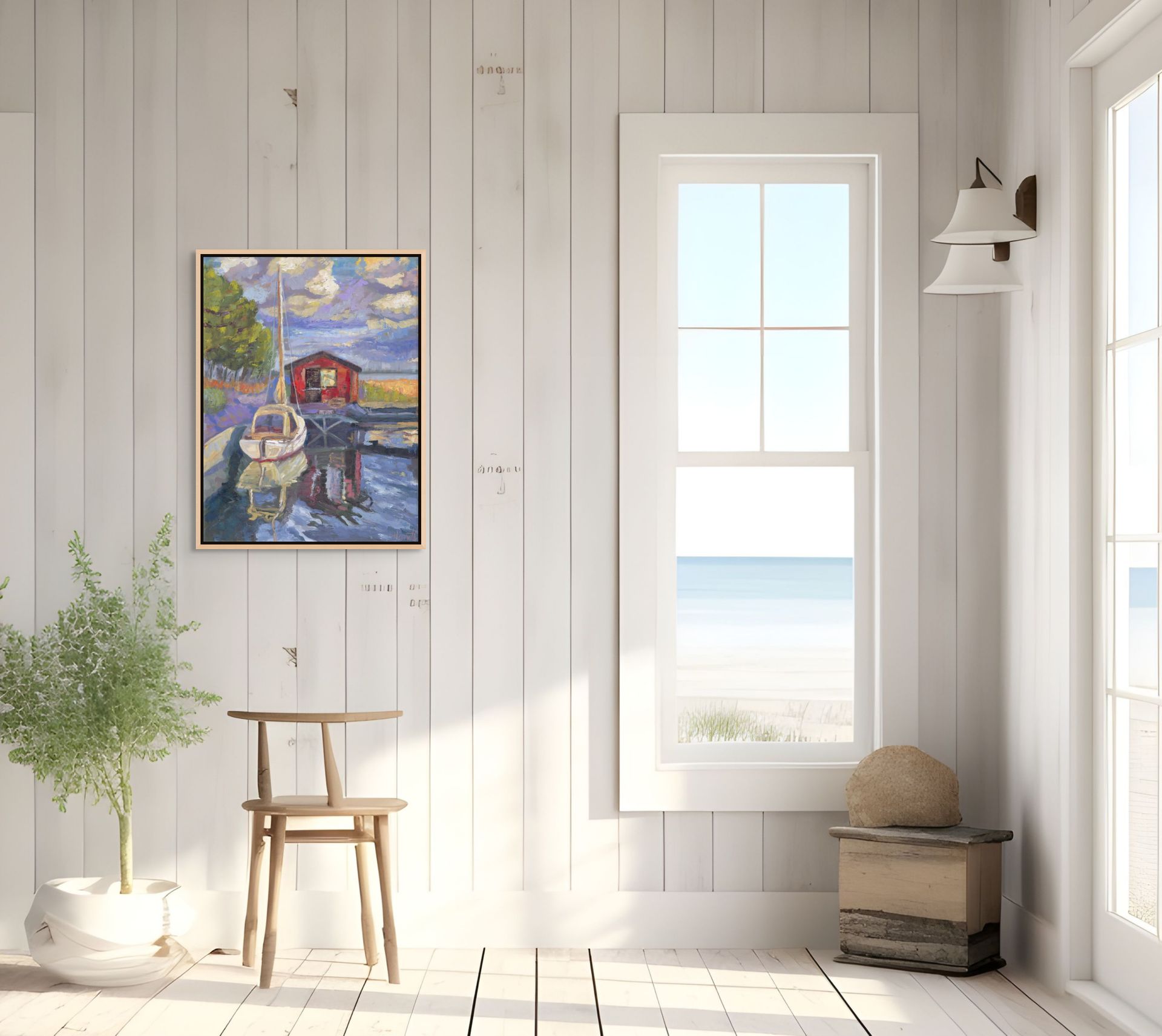 "Purple Skies over Sailboat original oil painting on a shiplap wall, by Sally Herriott"