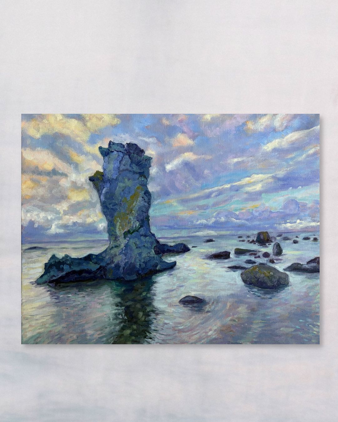 "Rauk Field original oil painting, ancient limestone sea stacks in a field, Gotland Sweden, by Sally Herriott"