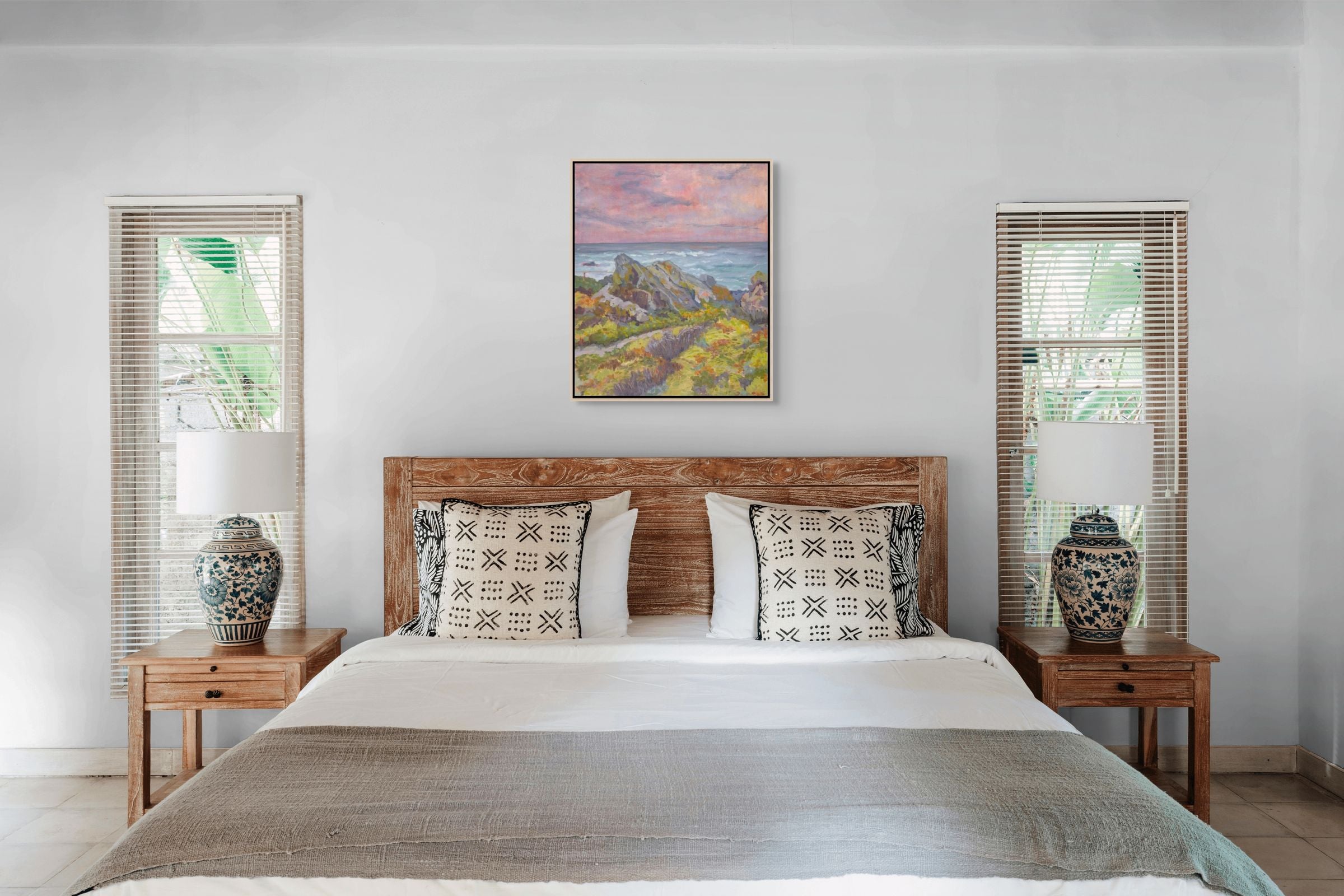 "Restless Rocks original oil painting in a chic bedroom, by Sally Herriott"