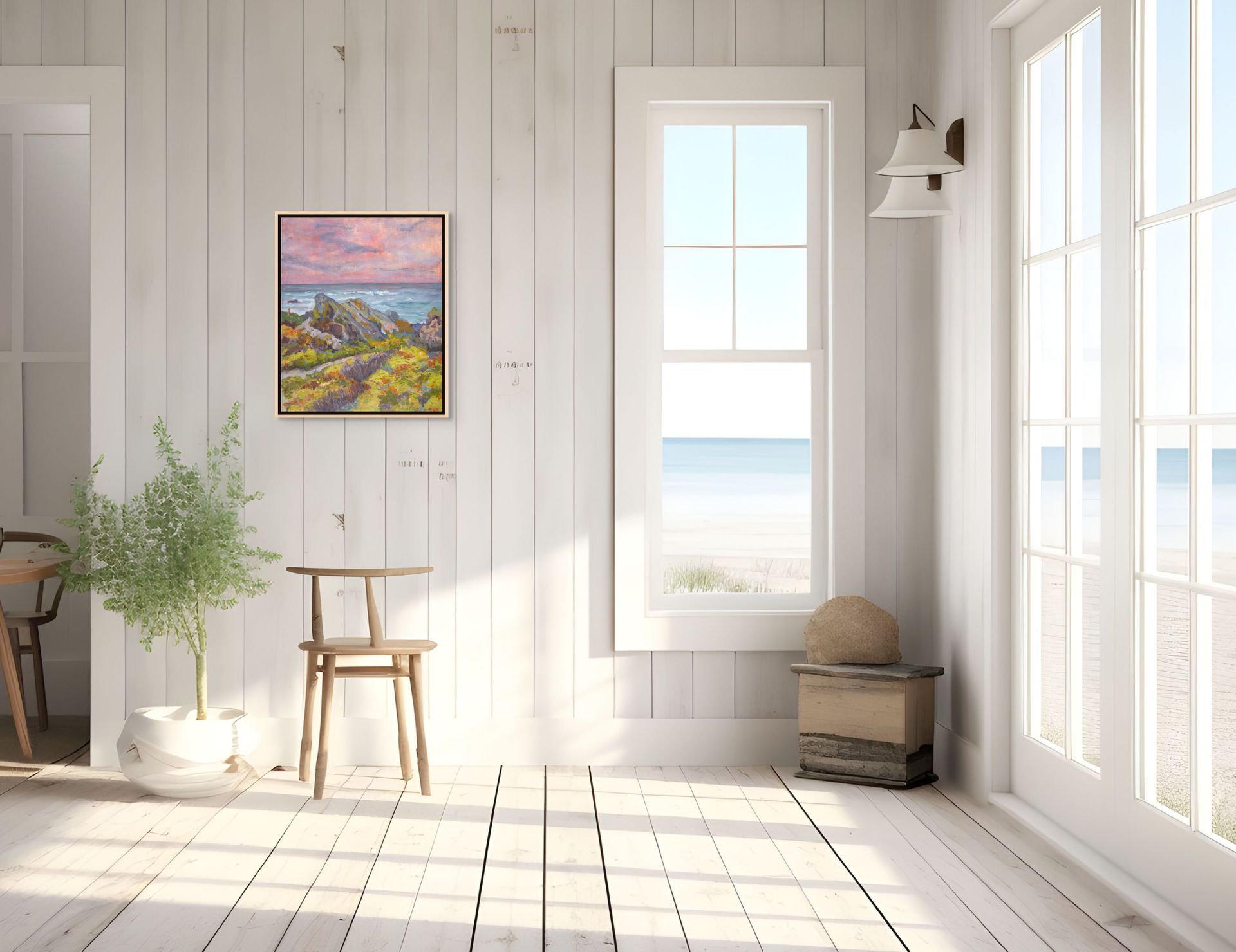 "Restless Rocks original oil painting on a white shiplap wall, by Sally Herriott"