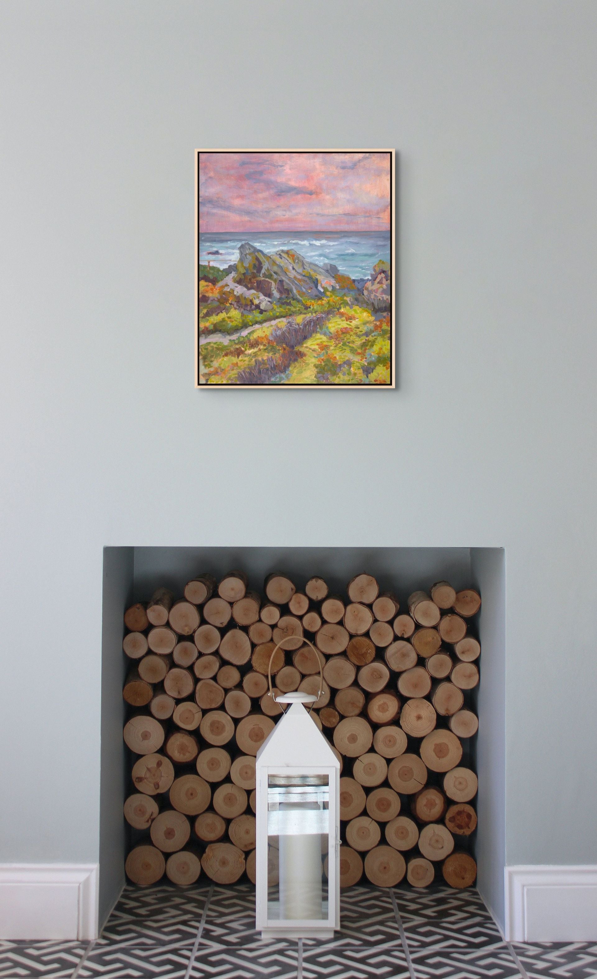 "Restless Rocks original oil painting on a wooden display, Monterey California, by Sally Herriott"