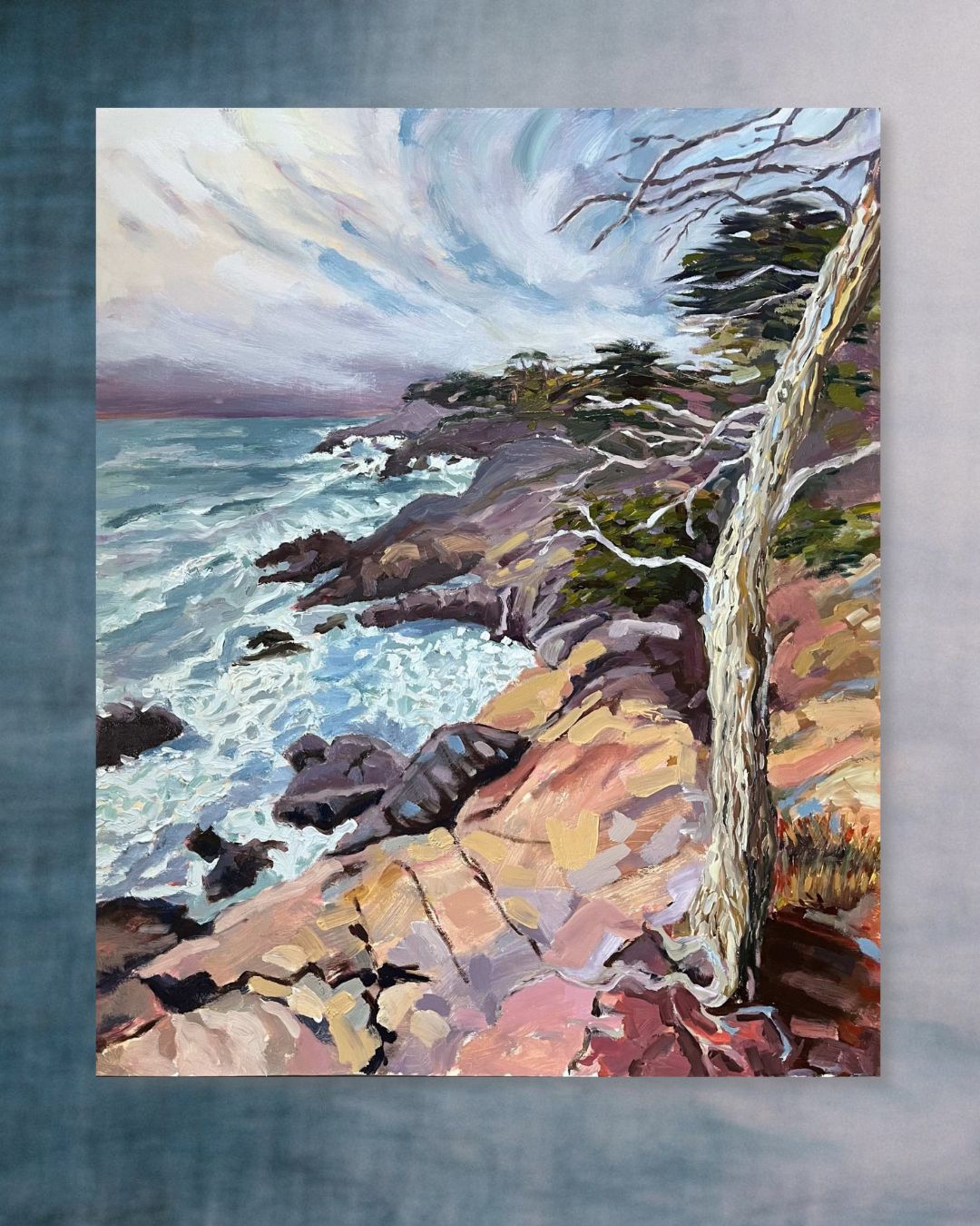: "Sentinel by the Sea original oil painting, coastal rocks and cypress trees, Monterey California, by Sally Herriott"