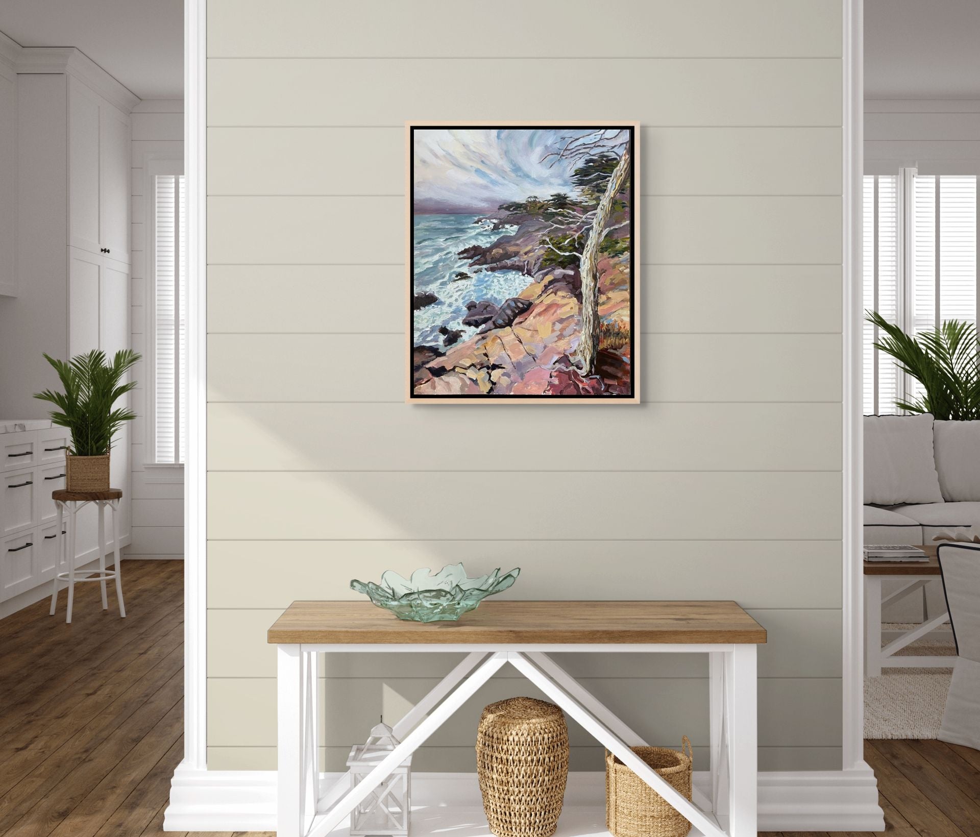 "Sentinel by the Sea original oil painting displayed above a modern bench, by Sally Herriott"