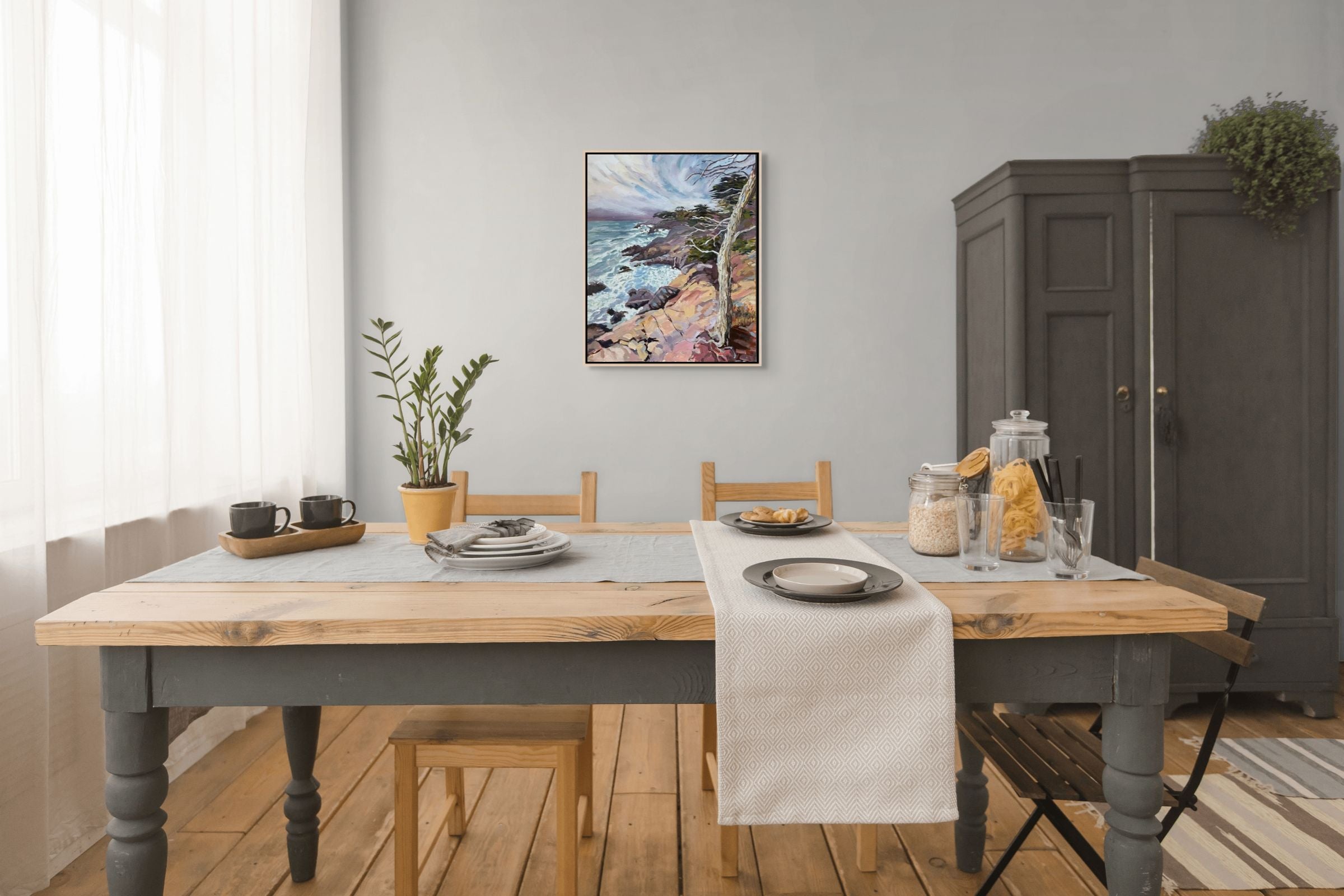 "Sentinel by the Sea original oil painting in a rustic dining room, by Sally Herriott"
