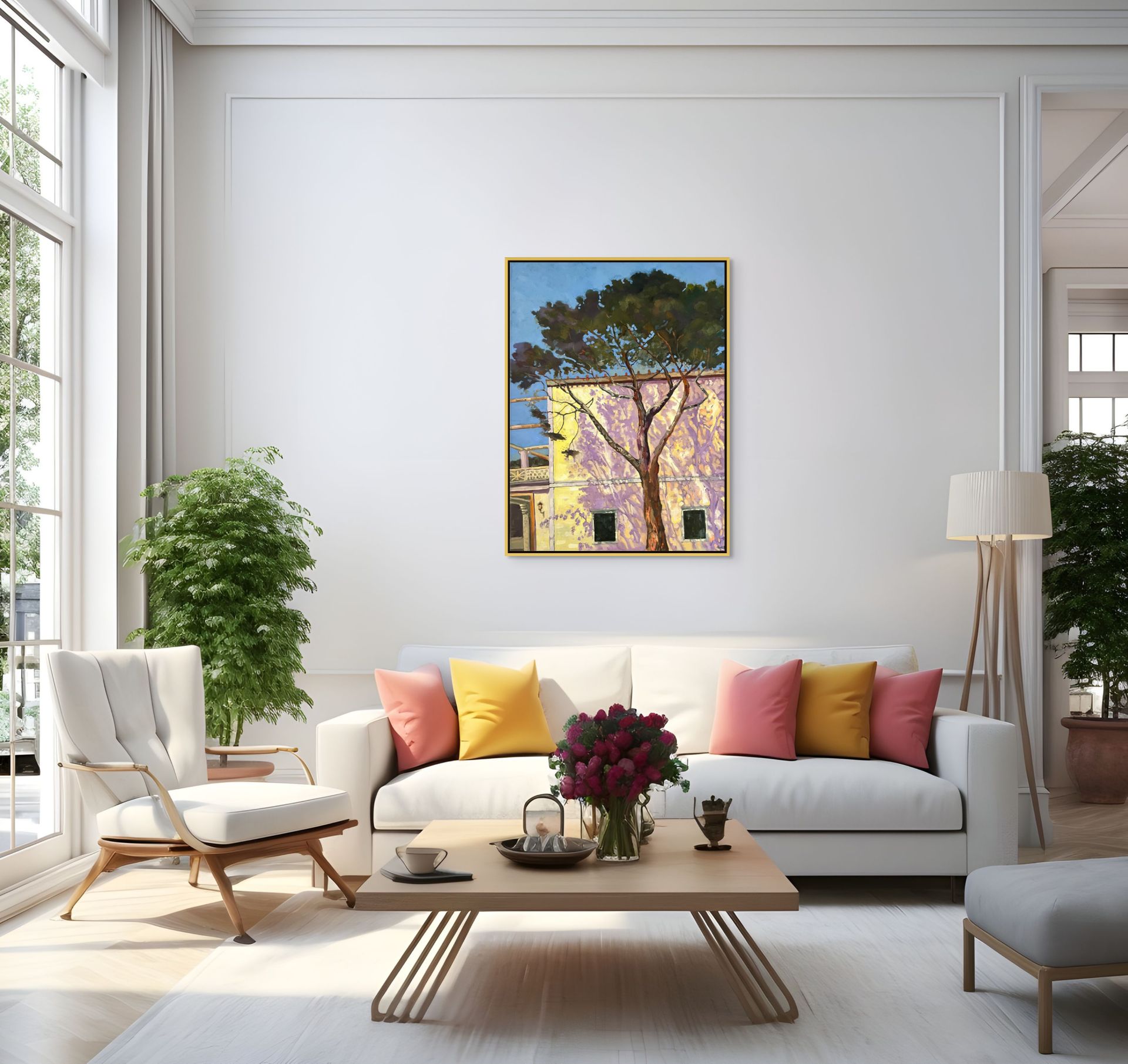 "Shadows of Herculaneum original oil painting in a bright lounge, by Sally Herriott"