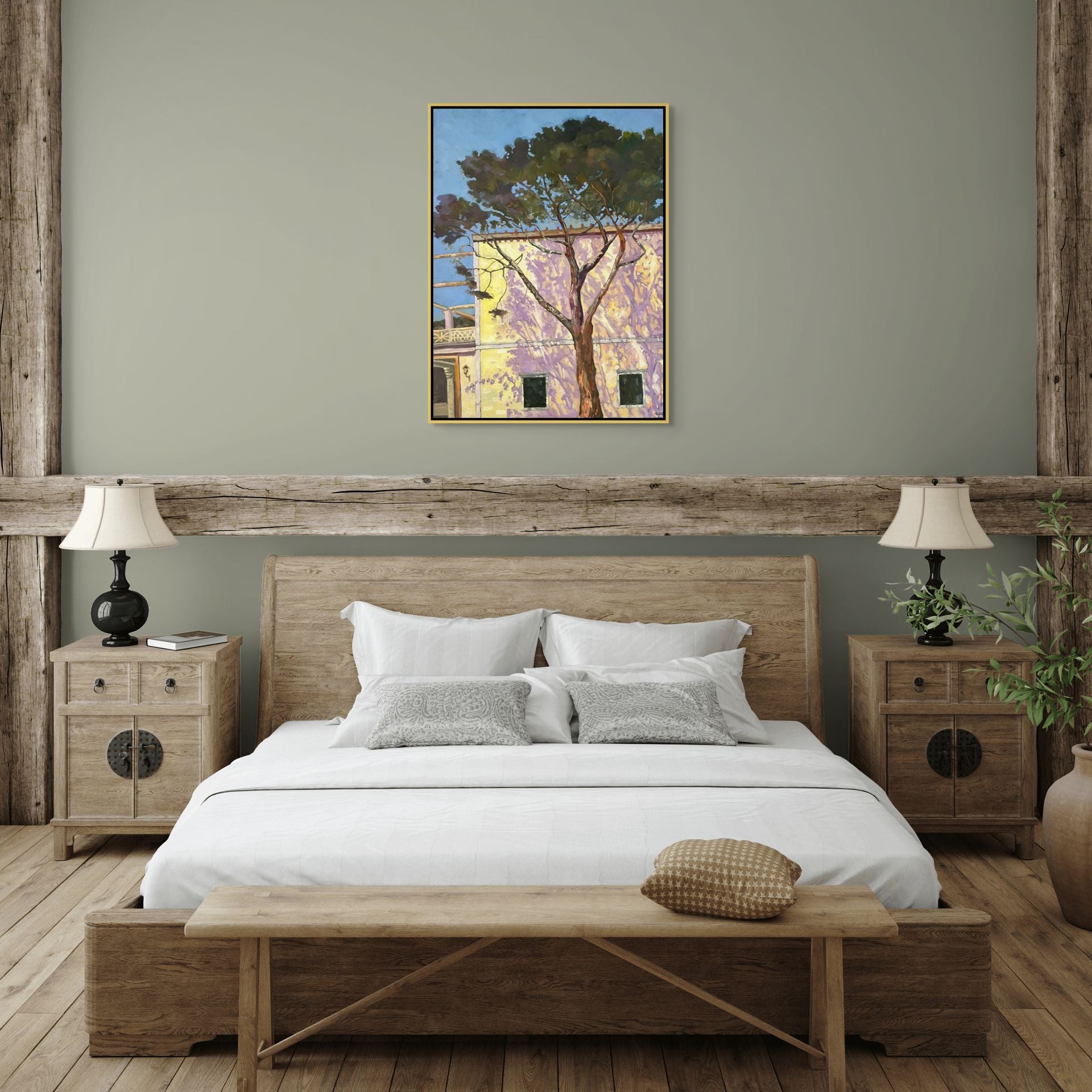 "Shadows of Herculaneum original oil painting in a calm bedroom, by Sally Herriott"