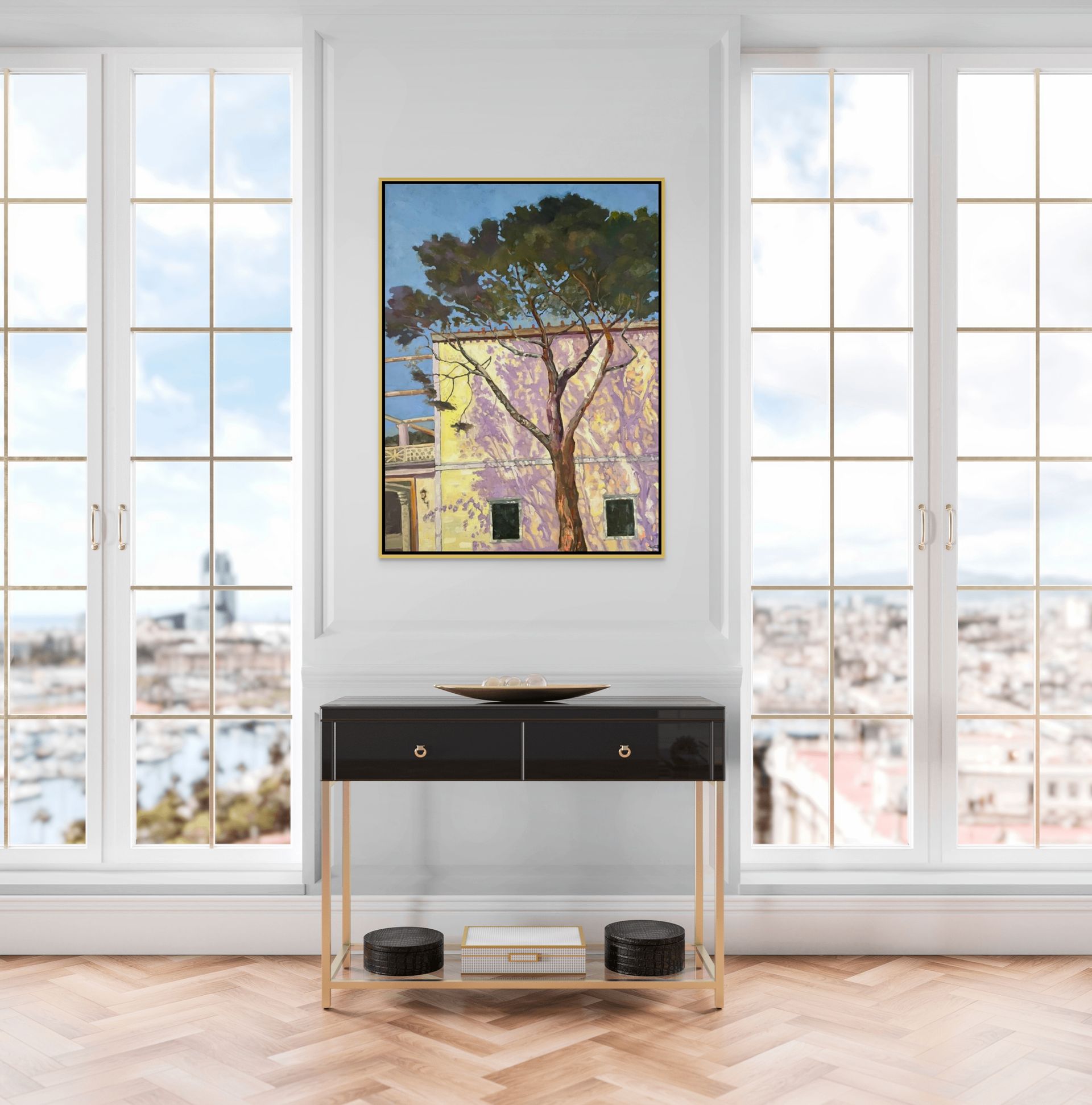 "Shadows of Herculaneum original oil painting displayed near windows, by Sally Herriott"