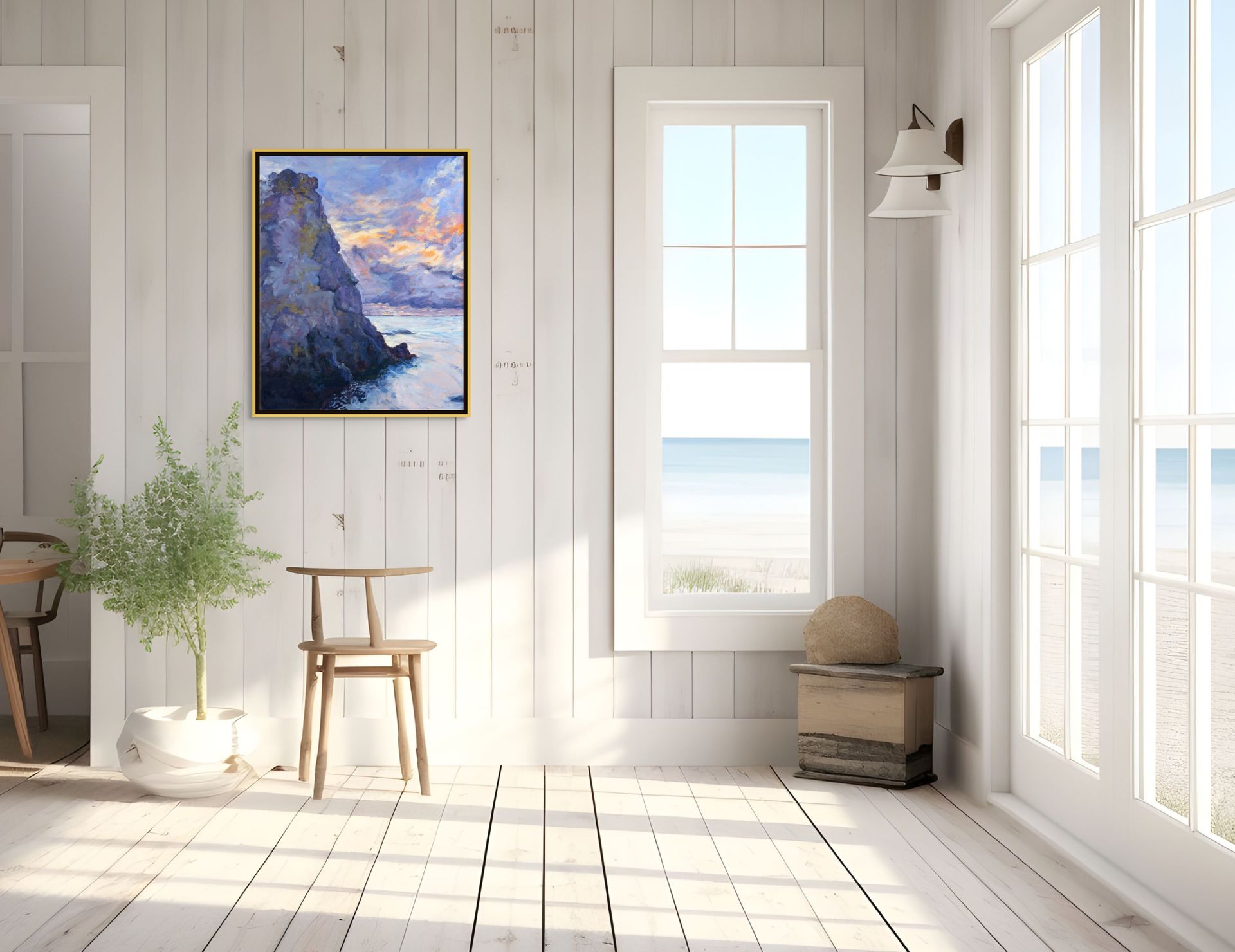 Stone Giant oil painting by Sally Herriott, solitary rauk sea stack rising from calm Baltic water at sunset, displayed in a modern white shiplap wood room with coastal views