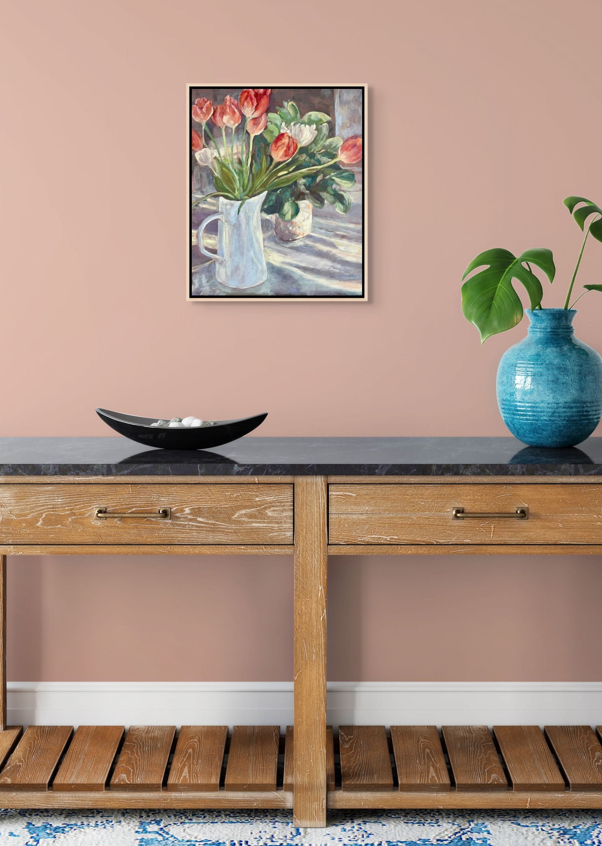 "Sunlit Tulips original still life oil painting on a console table, by Sally Herriott"