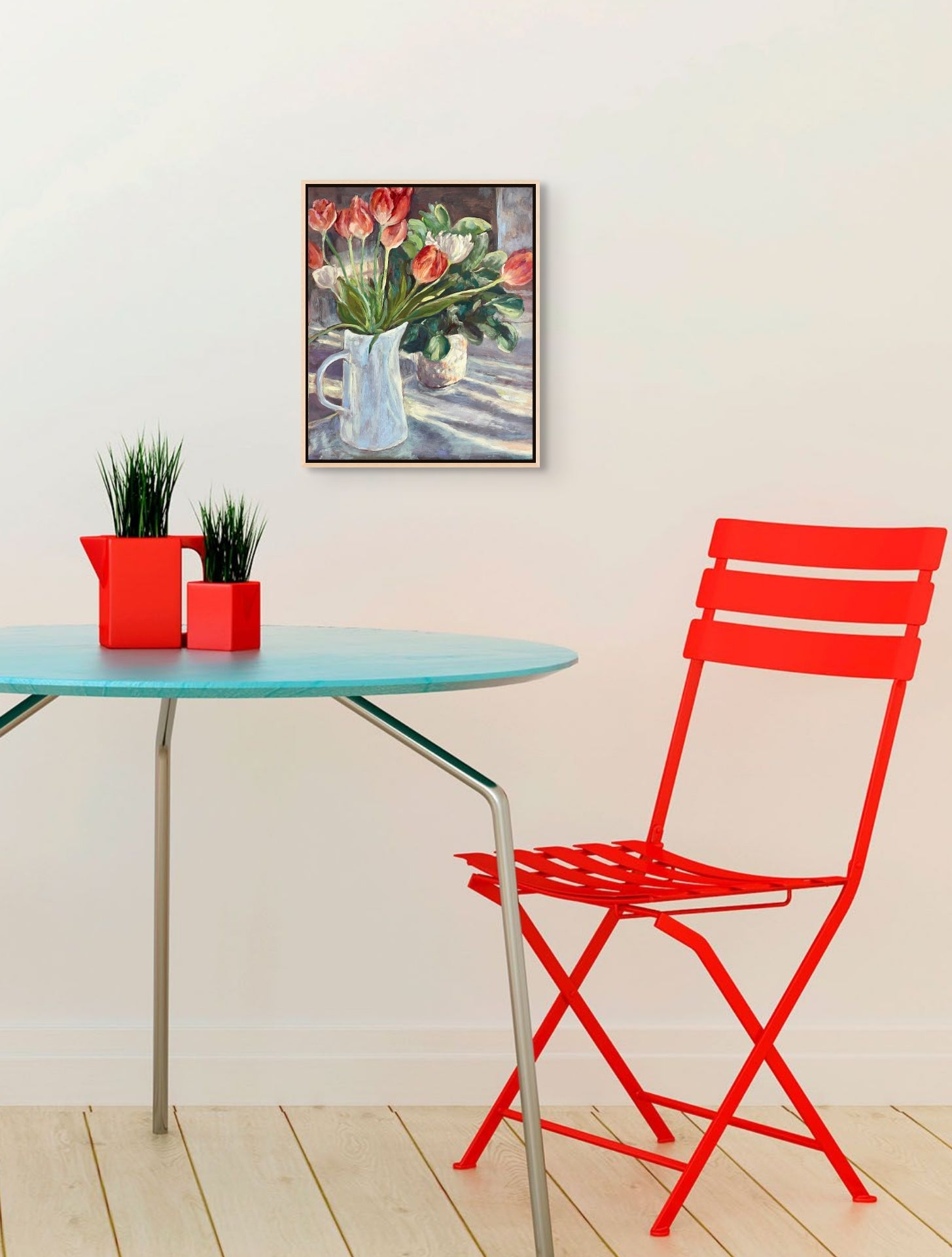 "Sunlit Tulips original still life oil painting in a modern café with a red chair, by Sally Herriott"