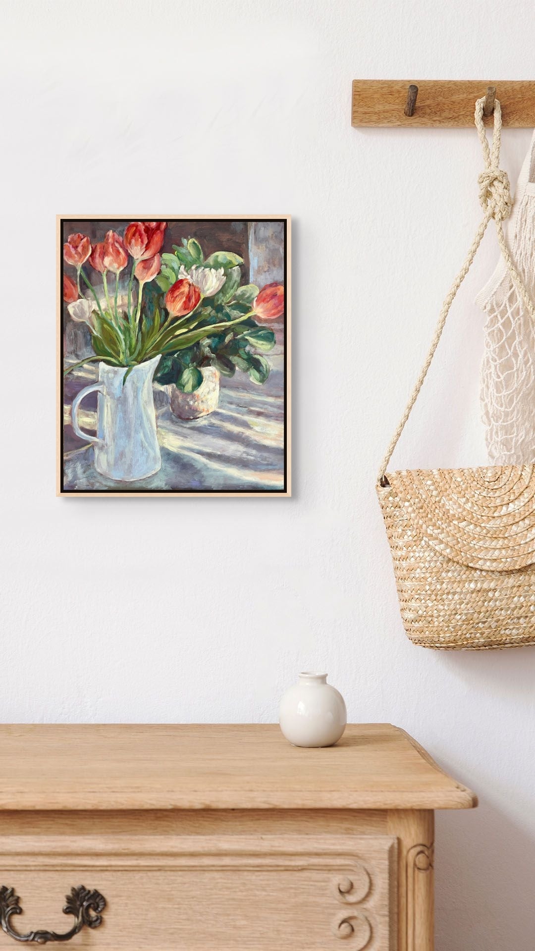 "Sunlit Tulips original still life oil painting on a modern pine console, by Sally Herriott"