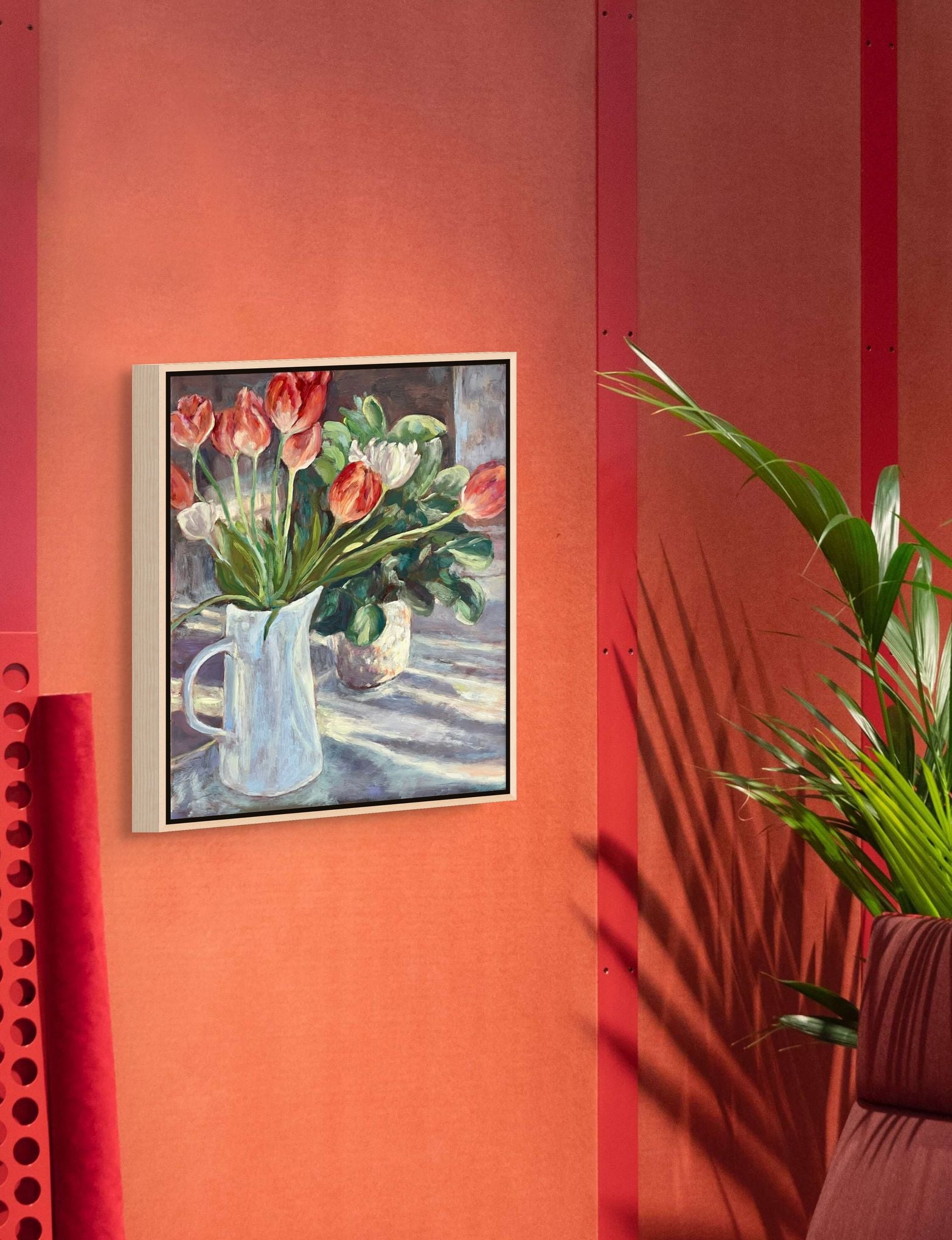 Sunlit Tulips original still life oil painting against modern red walls, by Sally Herriott"
