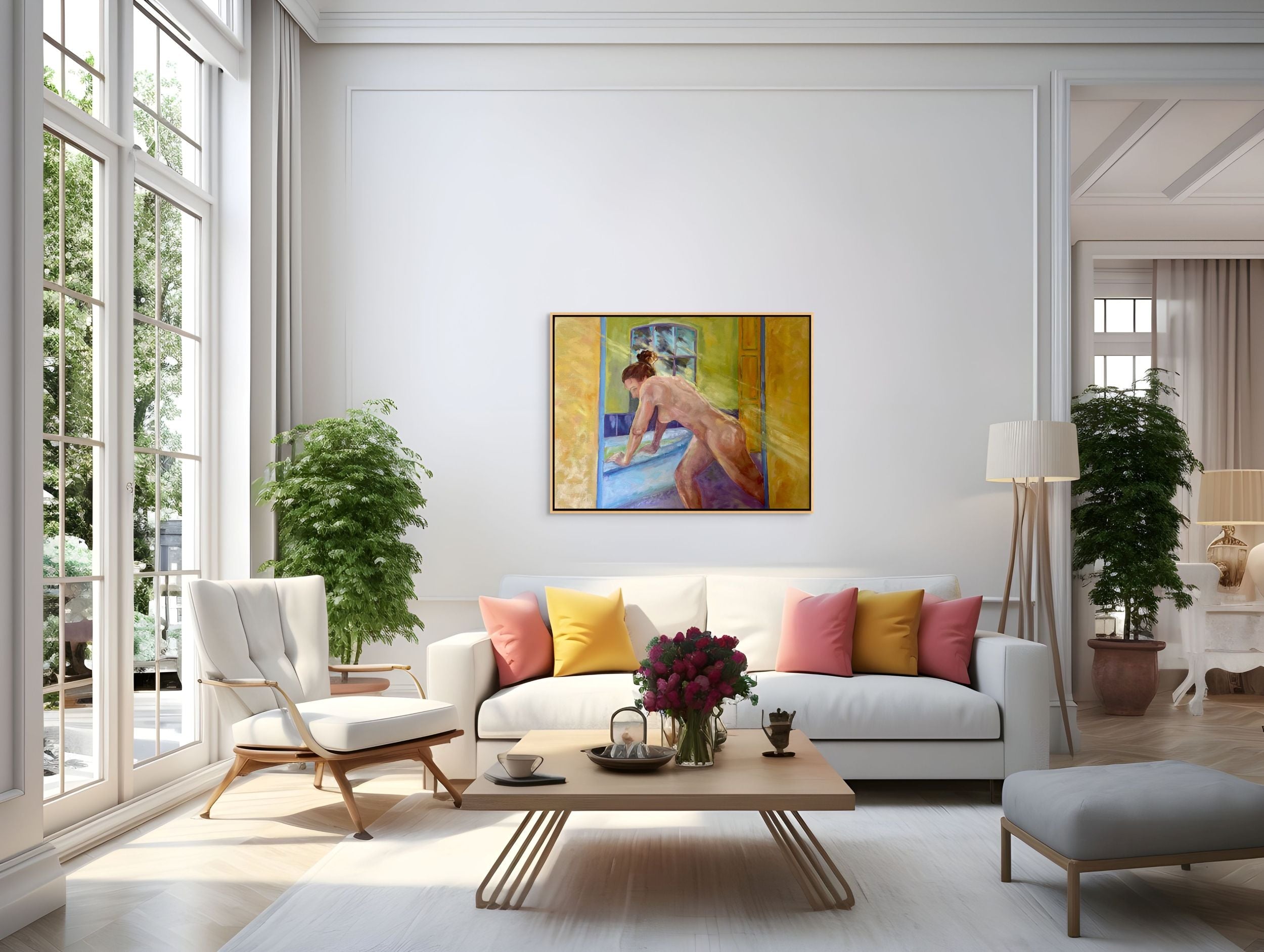 "Sunlit Bather original oil painting displayed in a bright sunny room, by Sally Herriott"