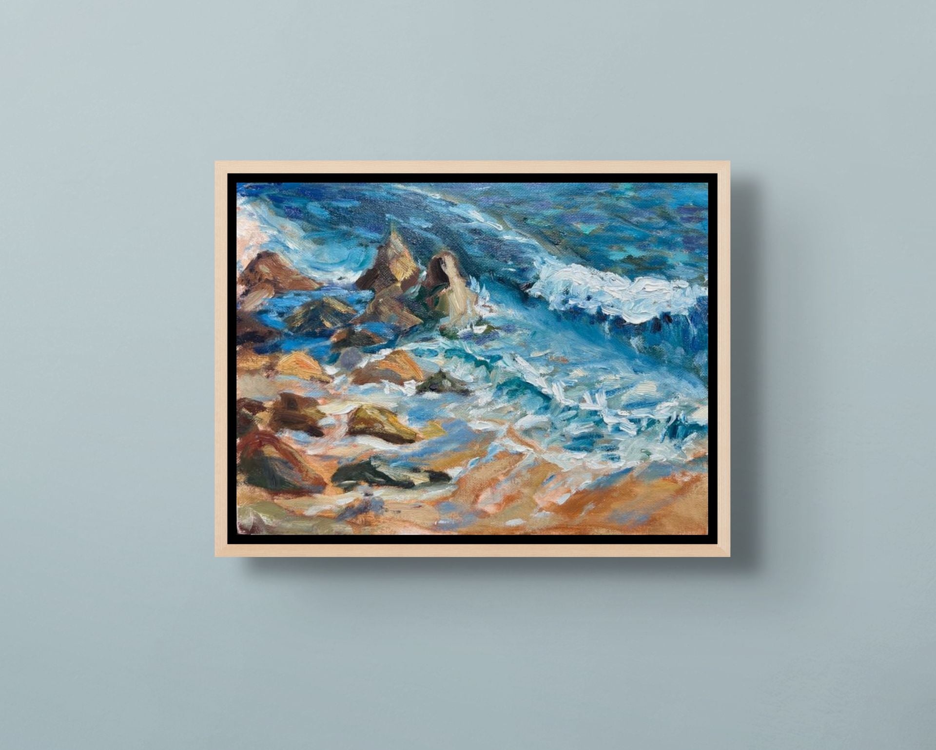 "Swell Waves original oil painting against a calm background, by Sally Herriott"
