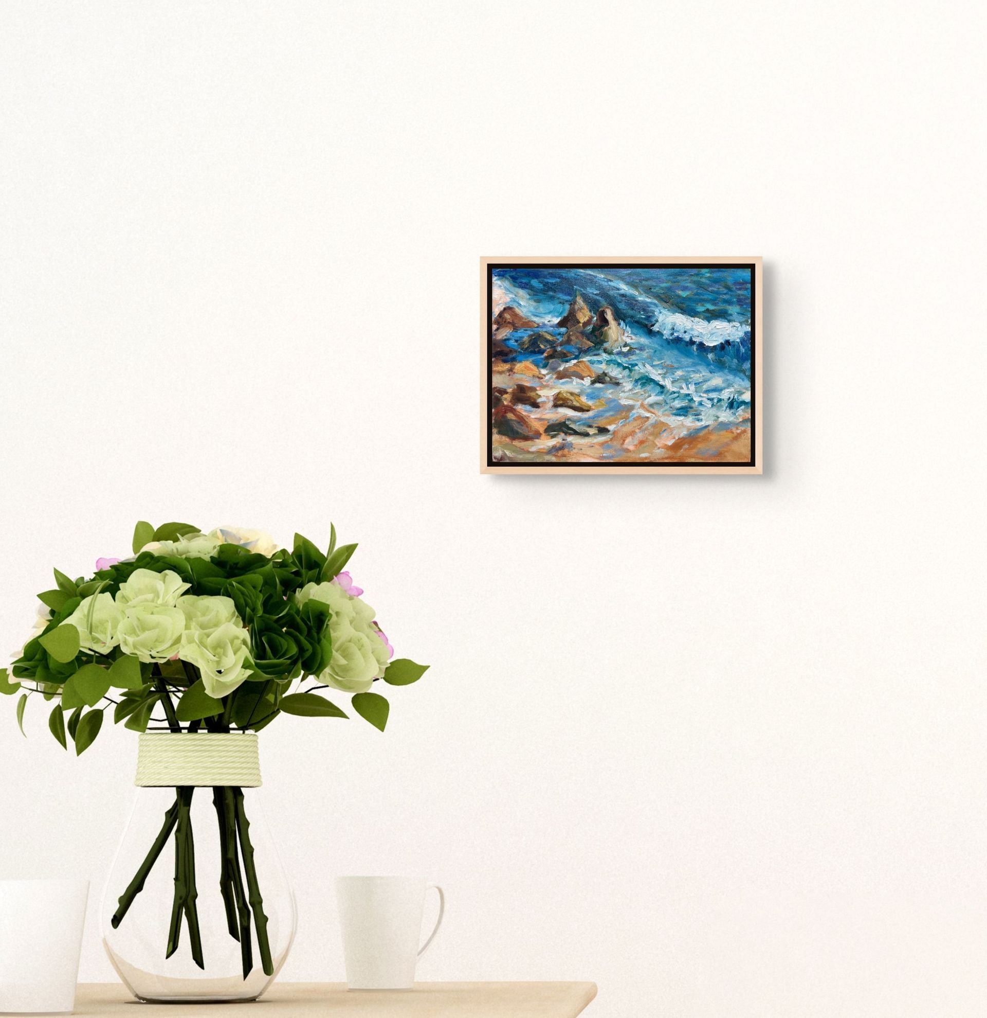 Swell Waves original oil painting displayed with green flowers, by Sally Herriott"